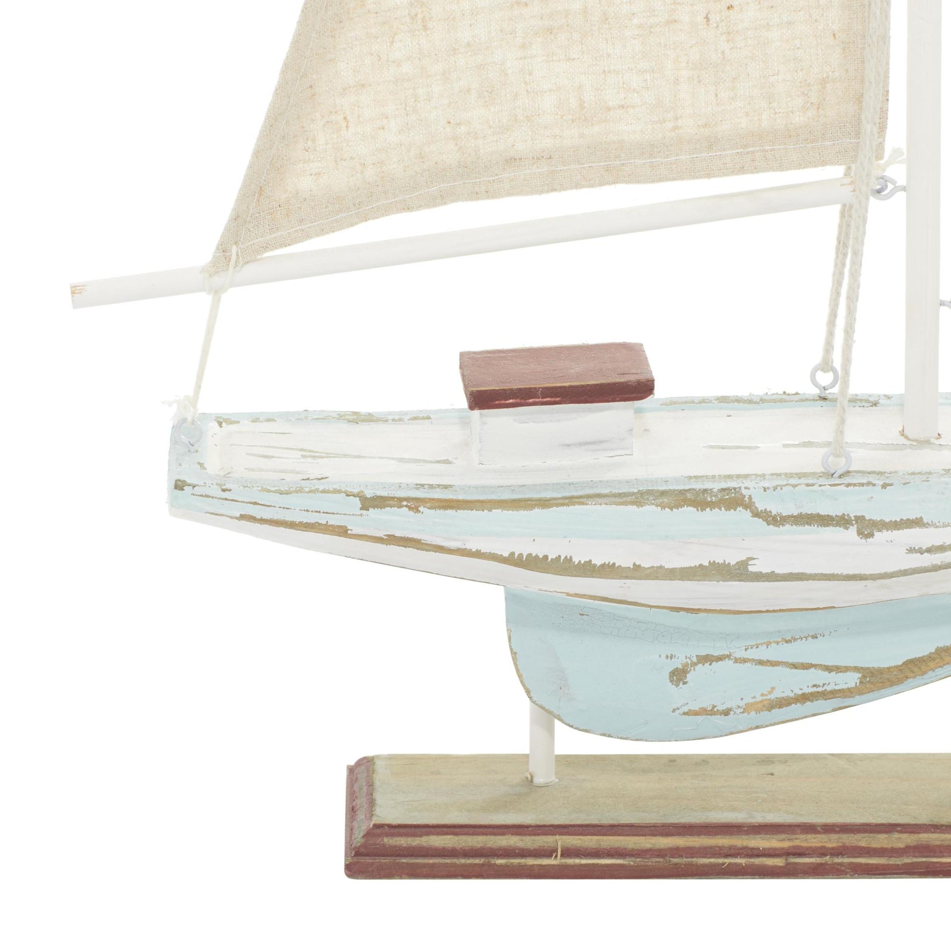 Sail Boat Blue Wood Distressed Decorative Sculpture with Cream Linen Sails and Brown Accents