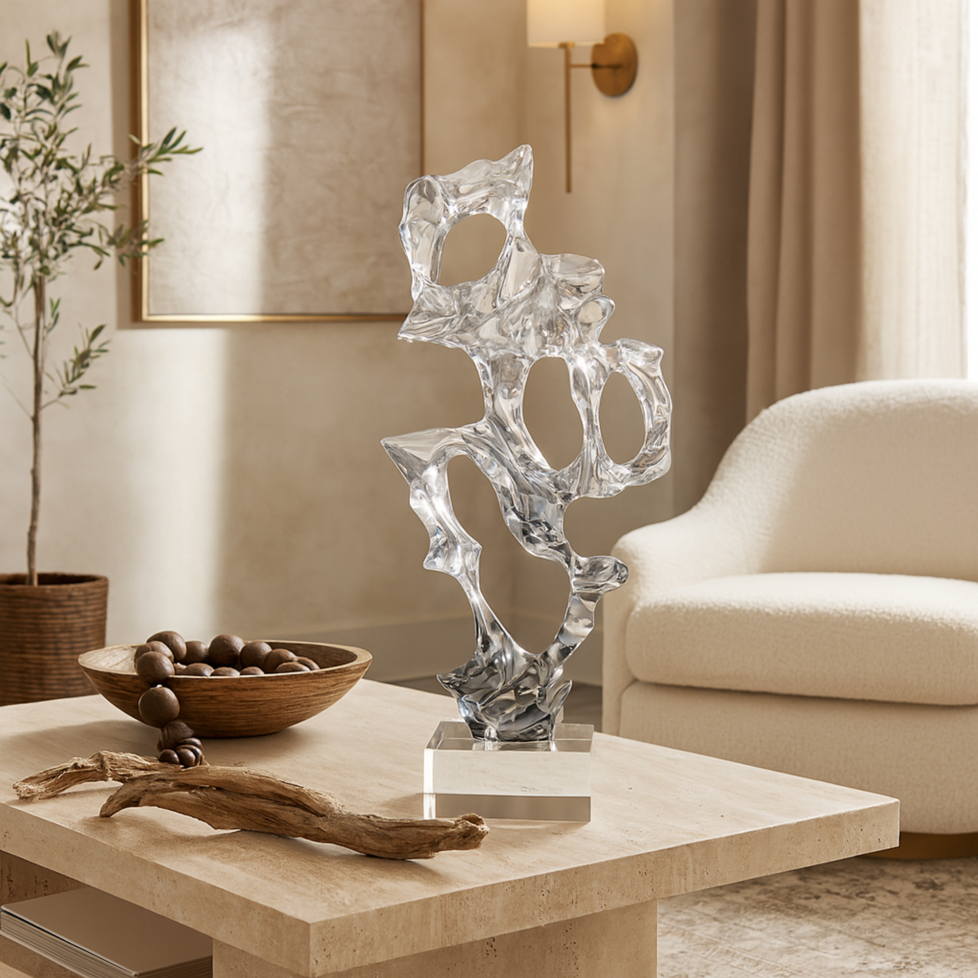 Abstract Clear Glass Handmade Freeform Decorative Sculpture with Clear Square Base