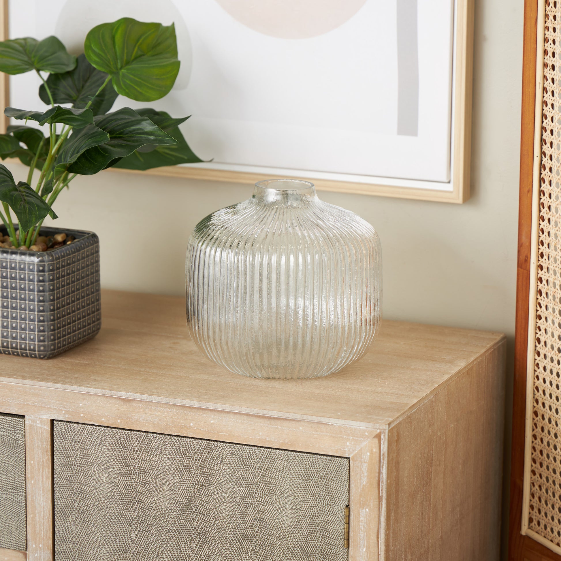 Clear Glass Short Round Ribbed Fluted Decorative Vase