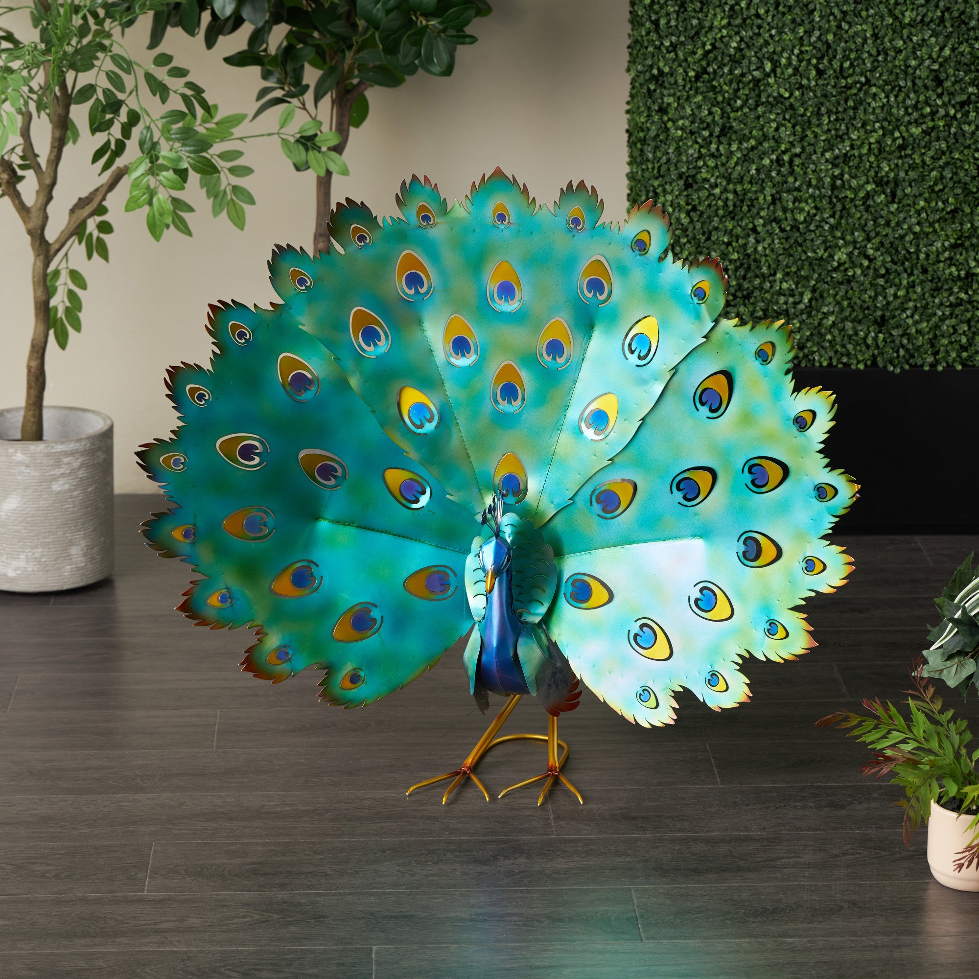 Peacock Blue Metal Decorative Garden Sculpture with Gold Legs and Teal Wings