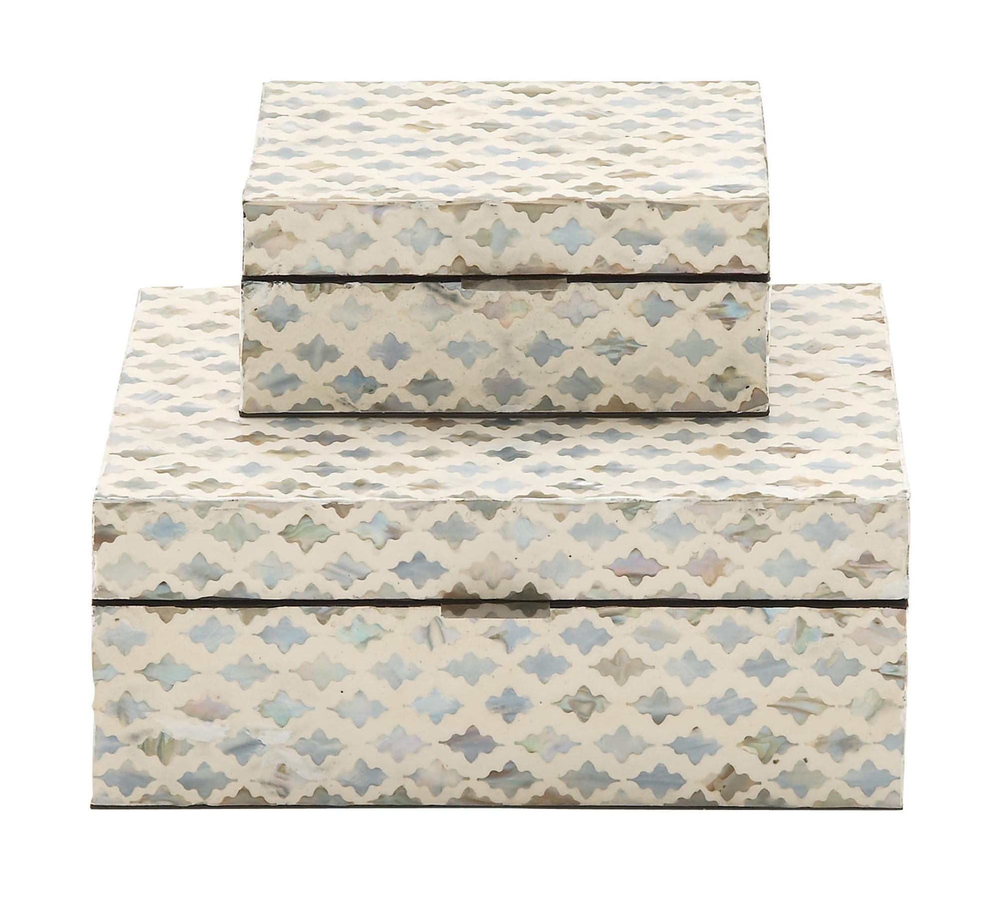 Set of 2 Geometric Cream Mother of Pearl Shell Handmade Storage Decorative Box with Hinged Lid