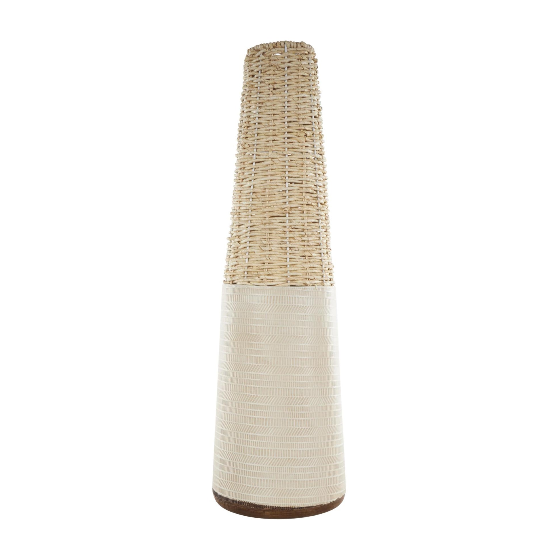 Geometric Light Brown Rattan Handmade Woven Decorative Vase with Beige Metal Base