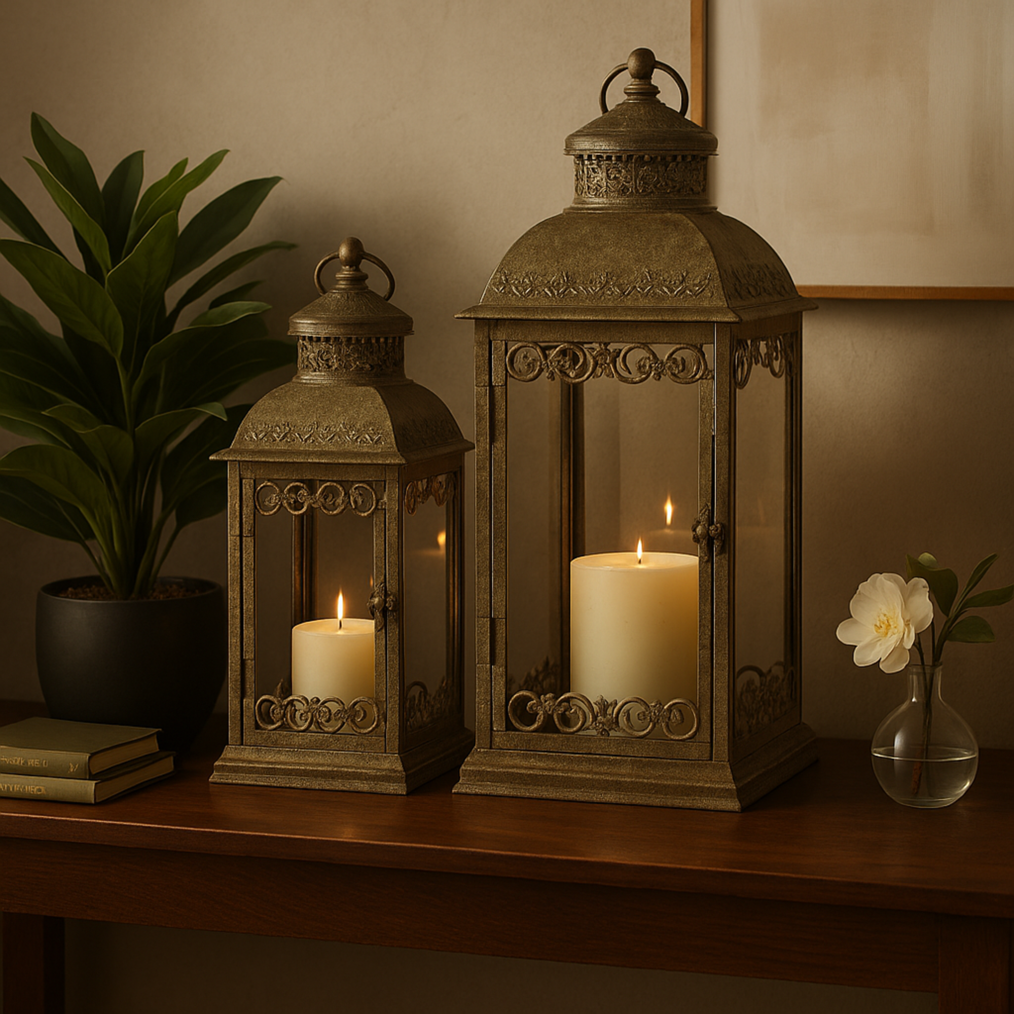 Set of 2 Scroll Brown Metal Distressed Vintage Inspired Indoor Outdoor Candle Lantern