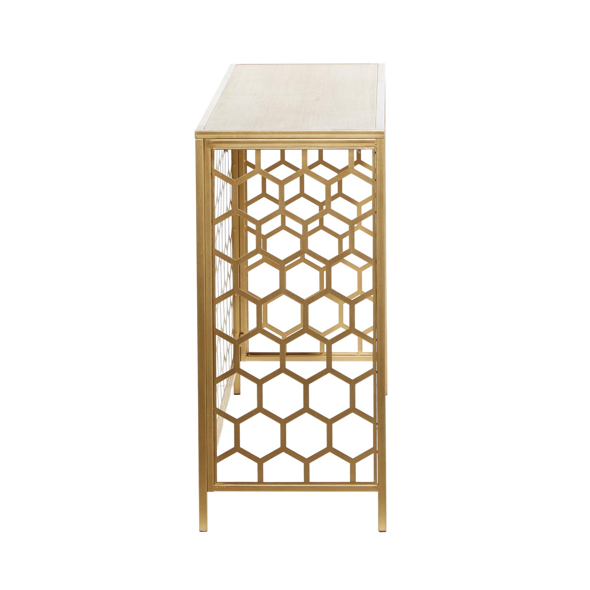 Geometric Gold Metal Honeycomb Pattern Living Room Console Table with Brown Wood Top