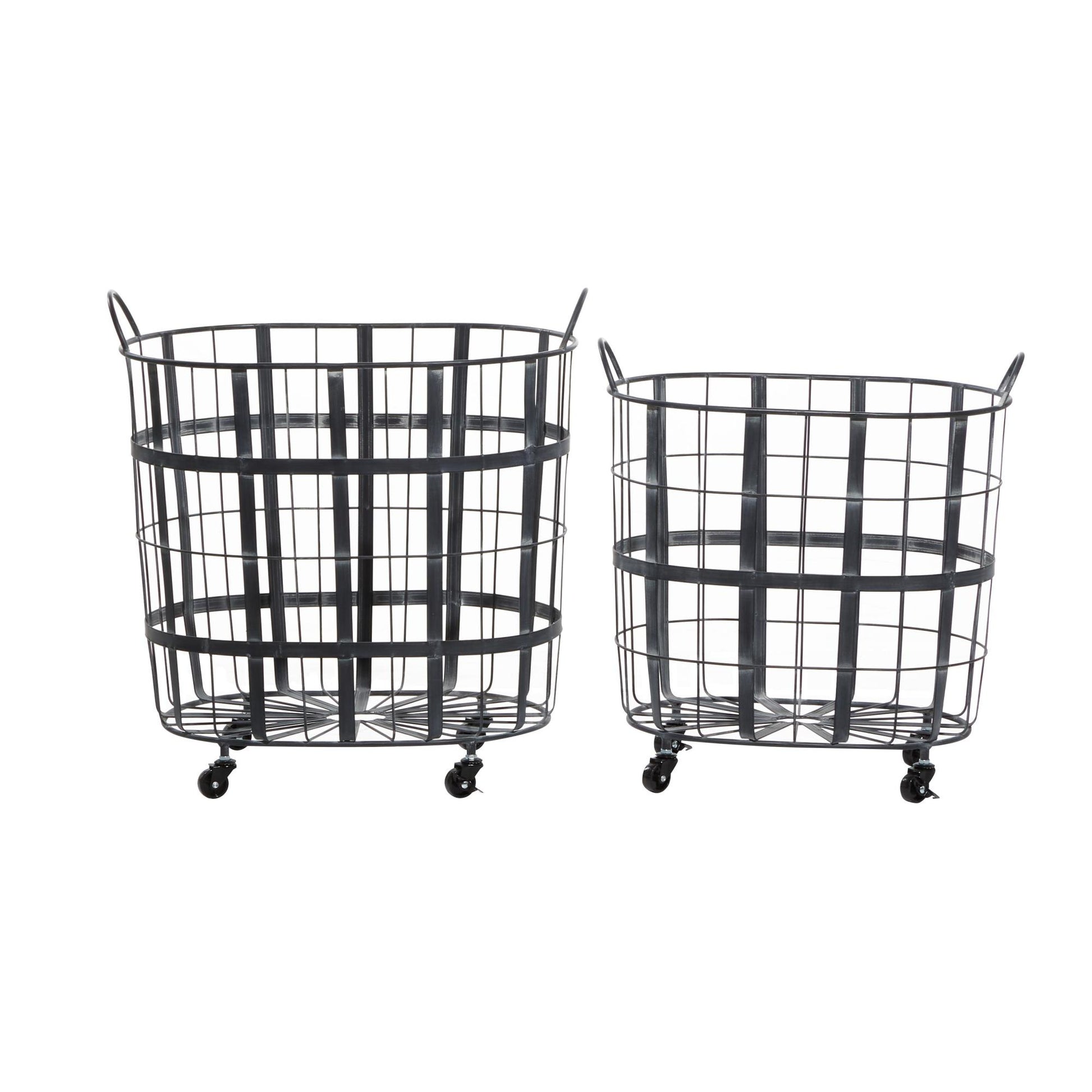 Set of 2 Black Metal Wire Grid Decorative and Functional Storage Basket with Wheels and Handles