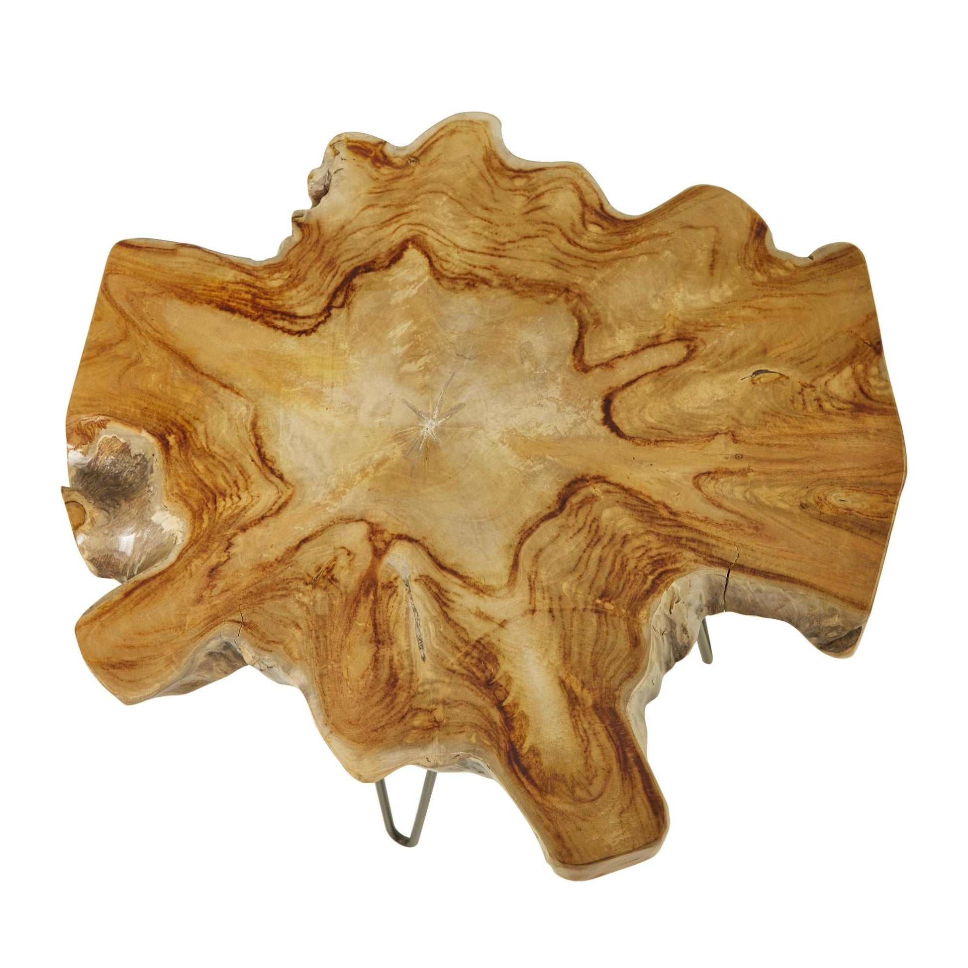 Set of 2 Brown Teak Wood Live Edge Top Side End Accent Table with Black Metal Hairpin Legs