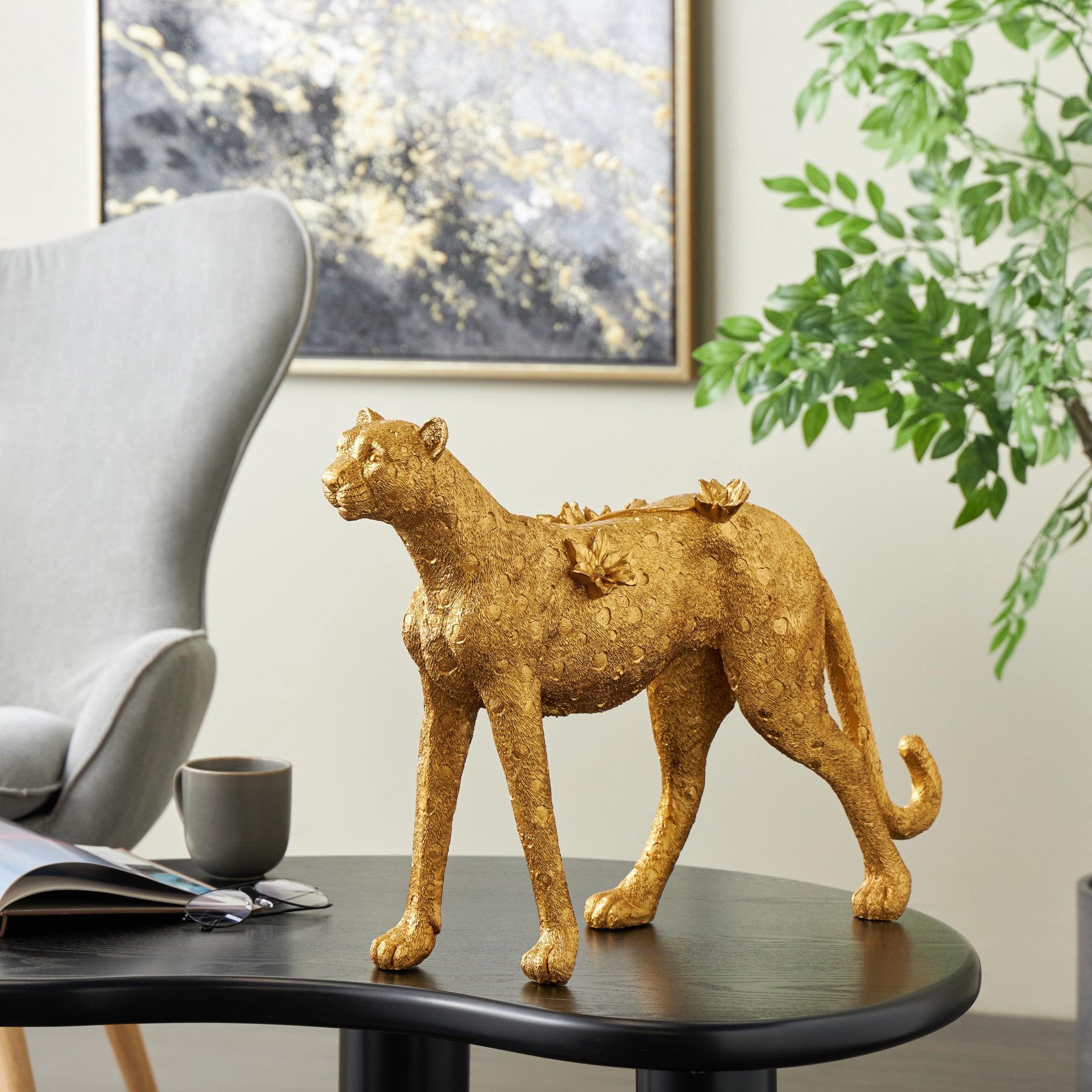 Leopard Gold Resin Standing Decorative Sculpture with Textured Spots and Floral Accents