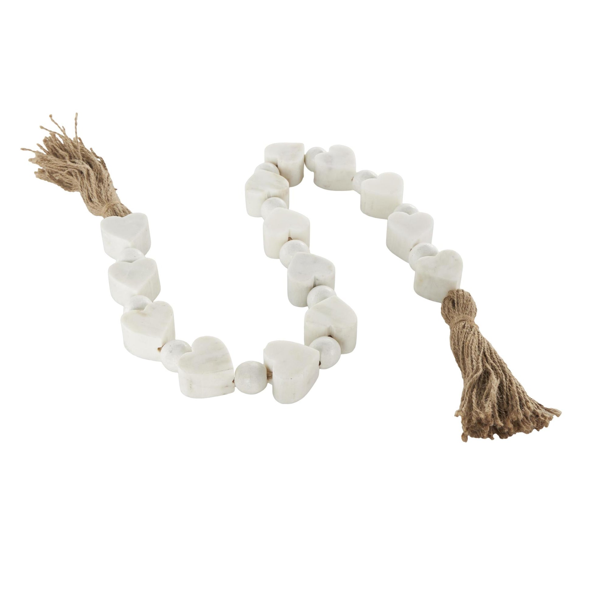 Heart White Marble Handmade Beaded Garland with Tassel with Knotted Brown Jute