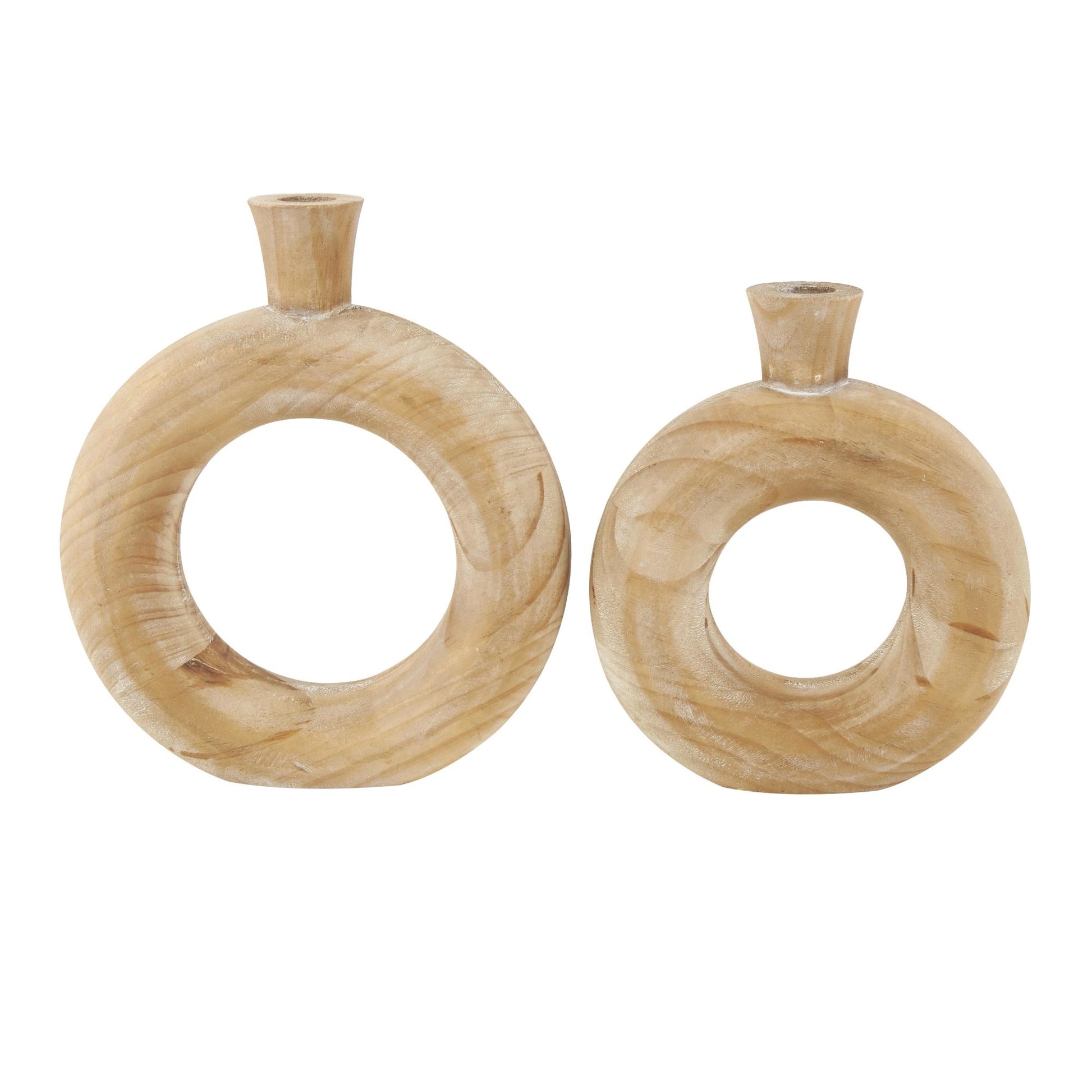 Set of 2 Brown Wood Circular Decorative Vase with Cutout Center