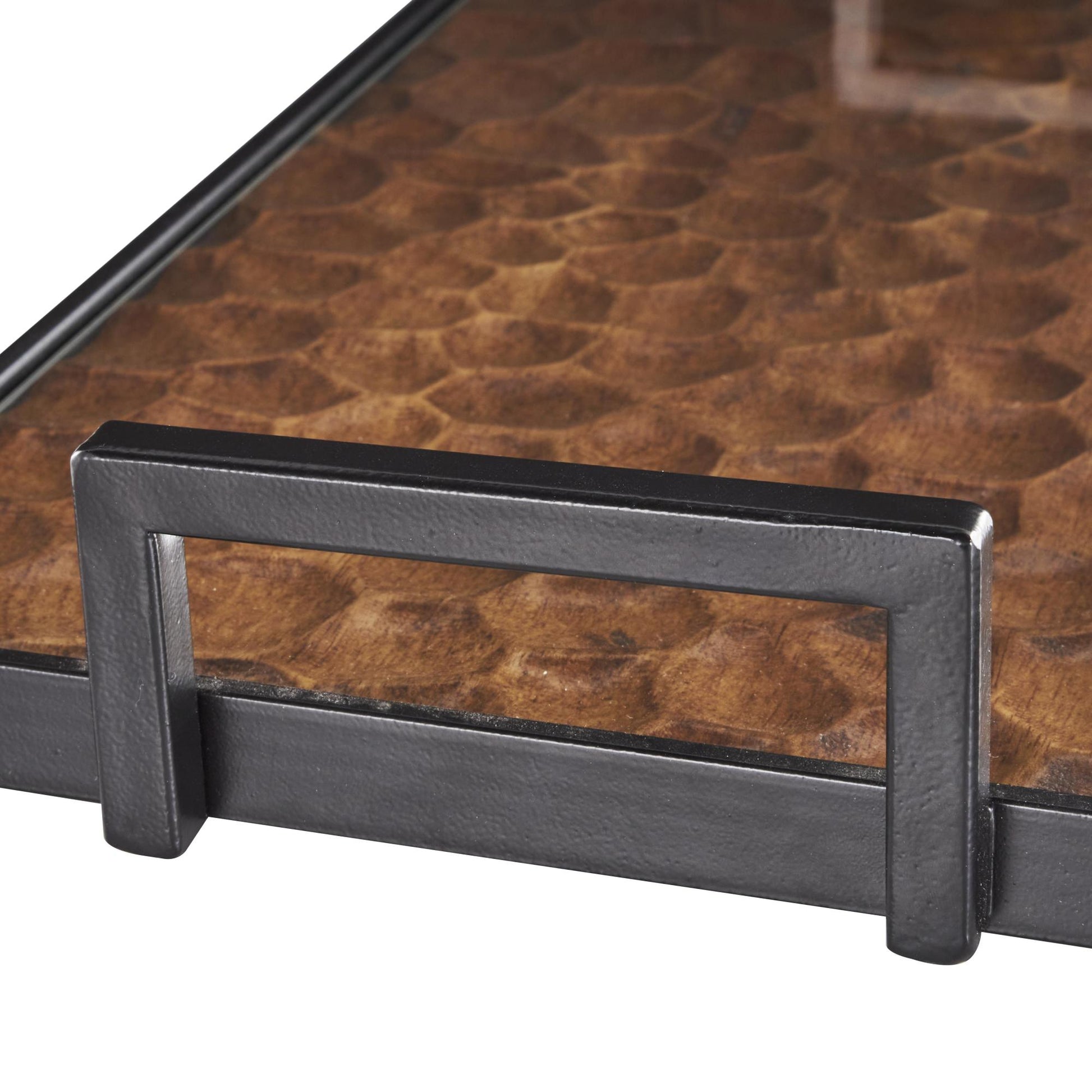 Set of 2 Brown Wood Handmade Carved Pebbled Bottom Living Room Decor Tray with Black handles
