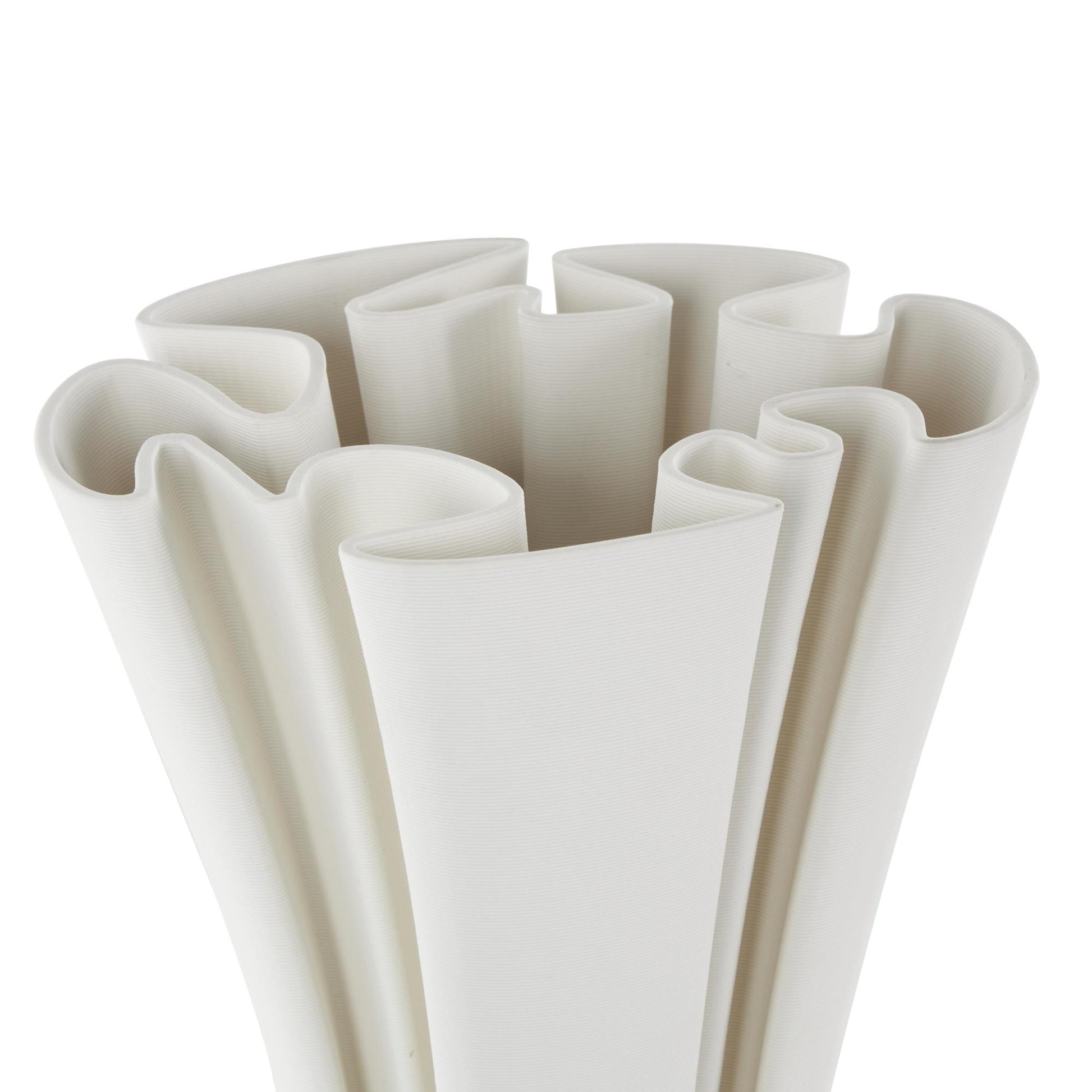 Abstract White Ceramic Ribbed Dimensional Folded Decorative Vase with Curvy Rim