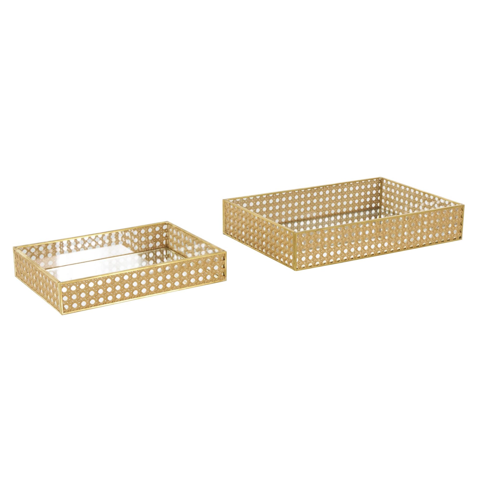 Set of 2 Brown Rattan Woven Living Room Decor Tray with Mirrored Glass Interior