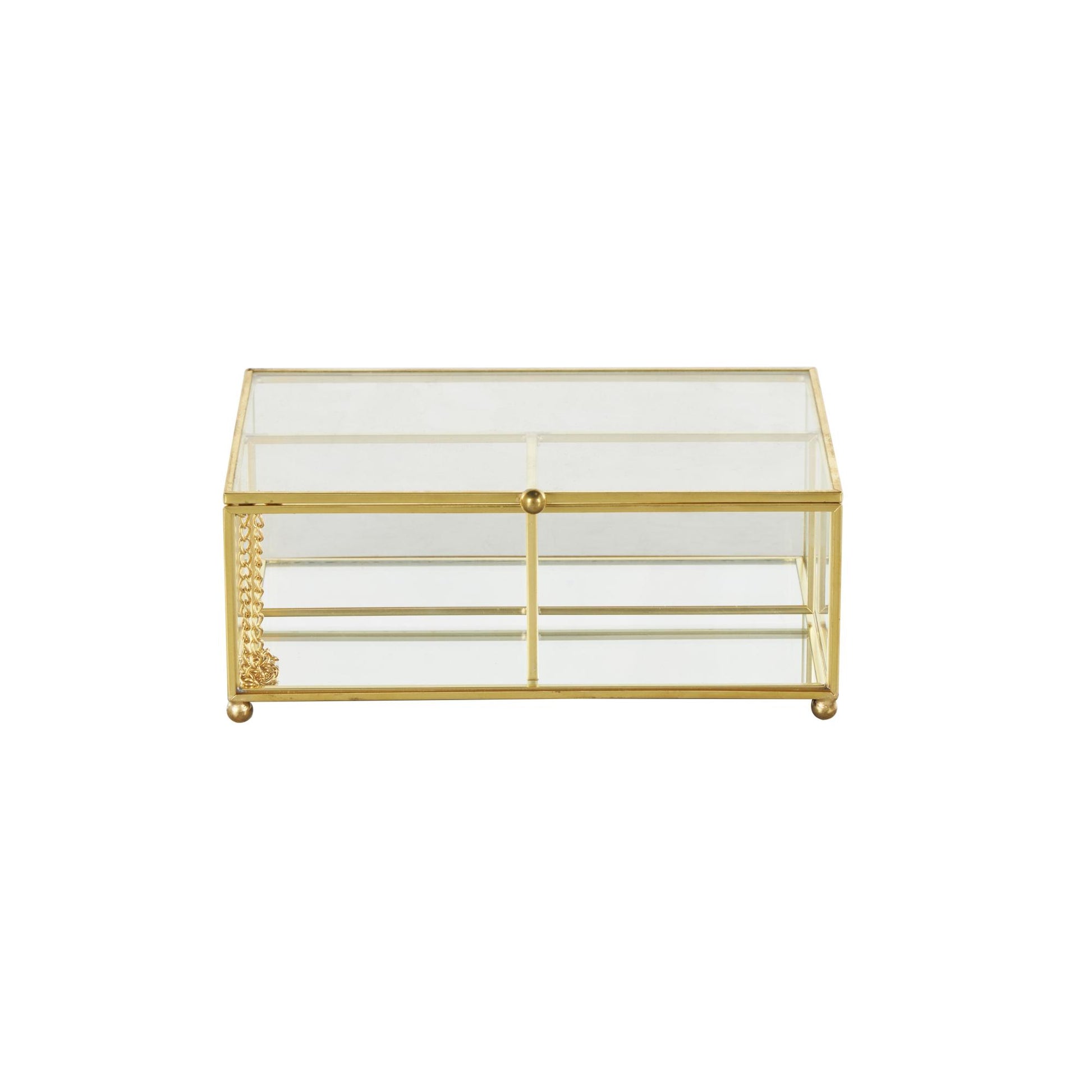 Clear Glass 3 Slot Decorative Jewelry Box with Gold Metal Frame and Chain Accent