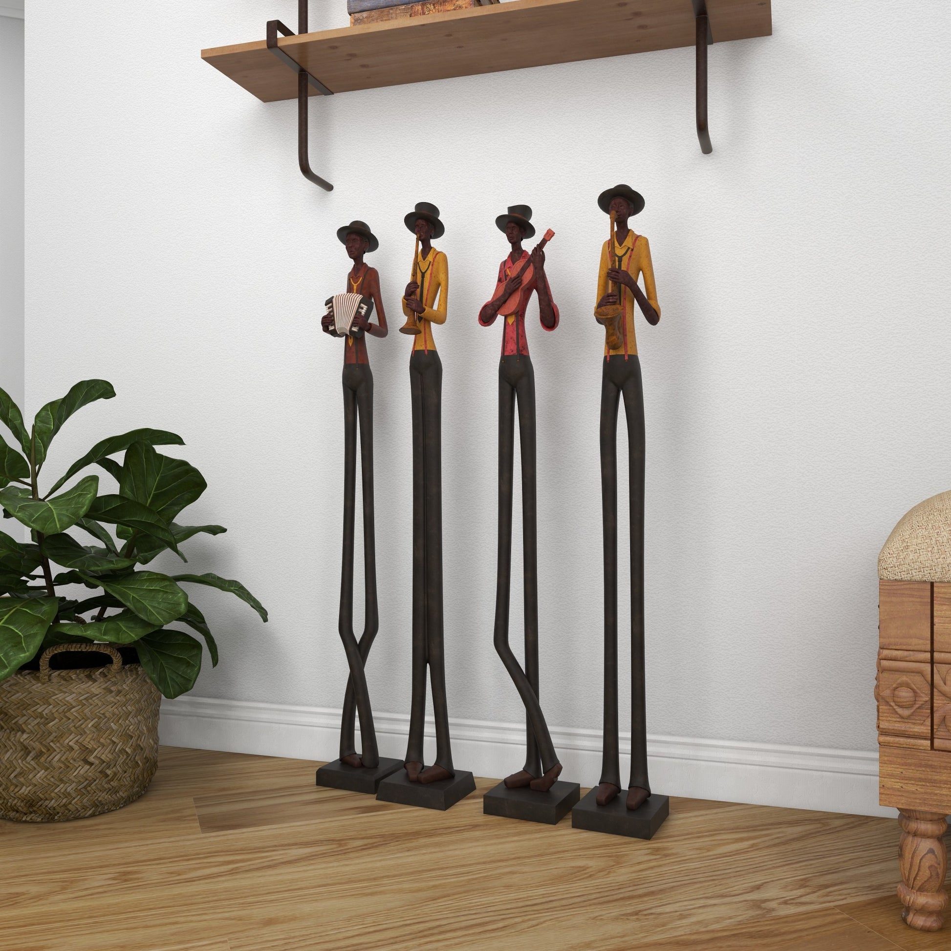 Set of 4 Musician Brown Polystone Tall Long Legged Jazz Band Decorative Sculpture with Black Base Stand