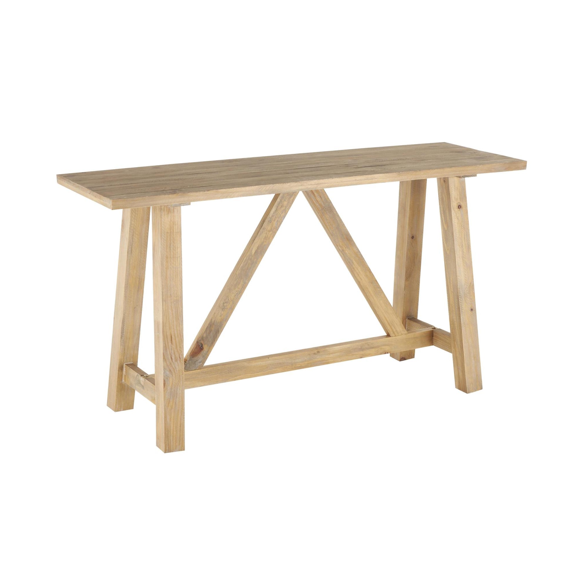 Light Brown Wood Rectangular Living Room Console Table with Flared Legs and Crossed Beams