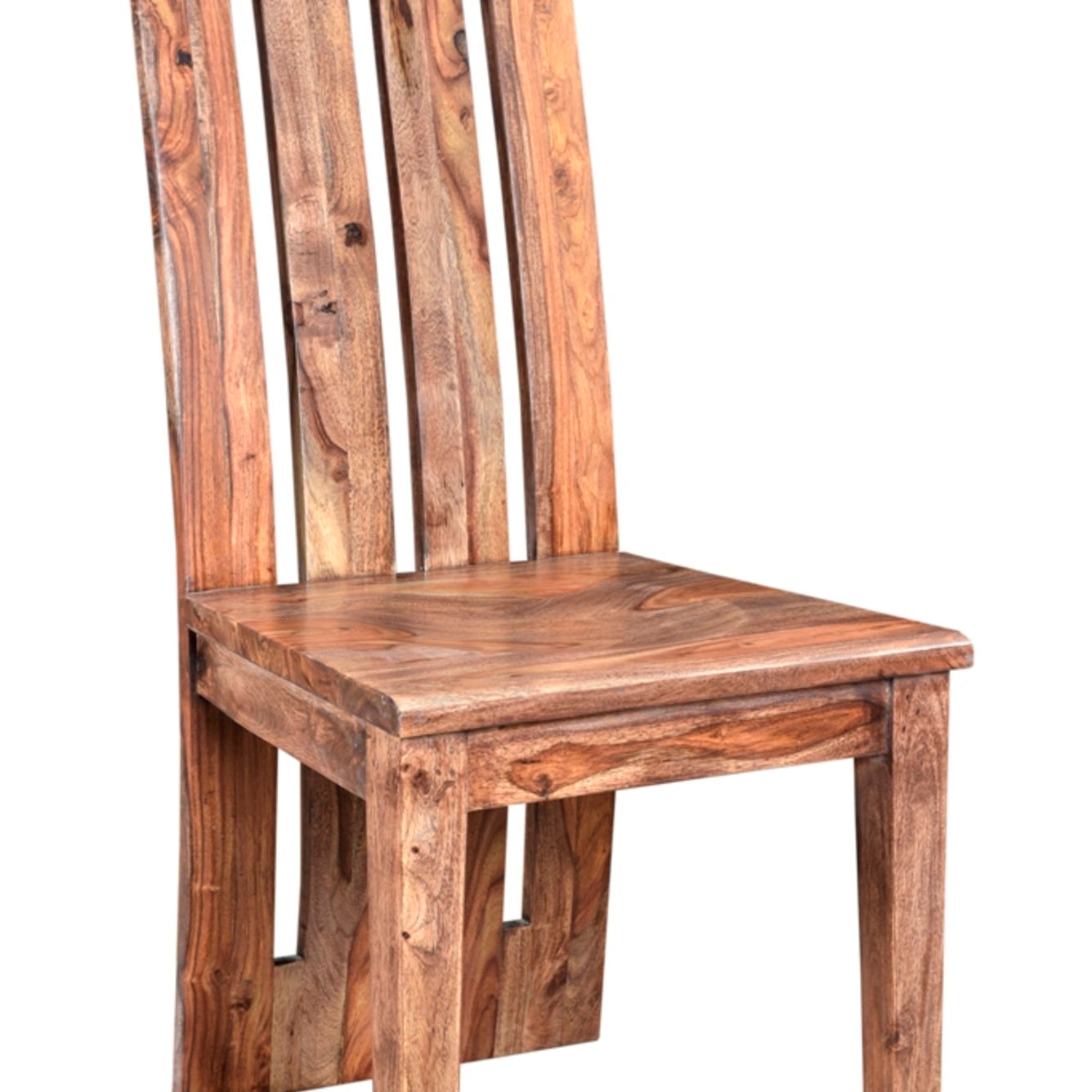 Set of 2 Brown Sheesham Wood Scoop Seat Kitchen Dining Chair with Fan Back and Open Slats