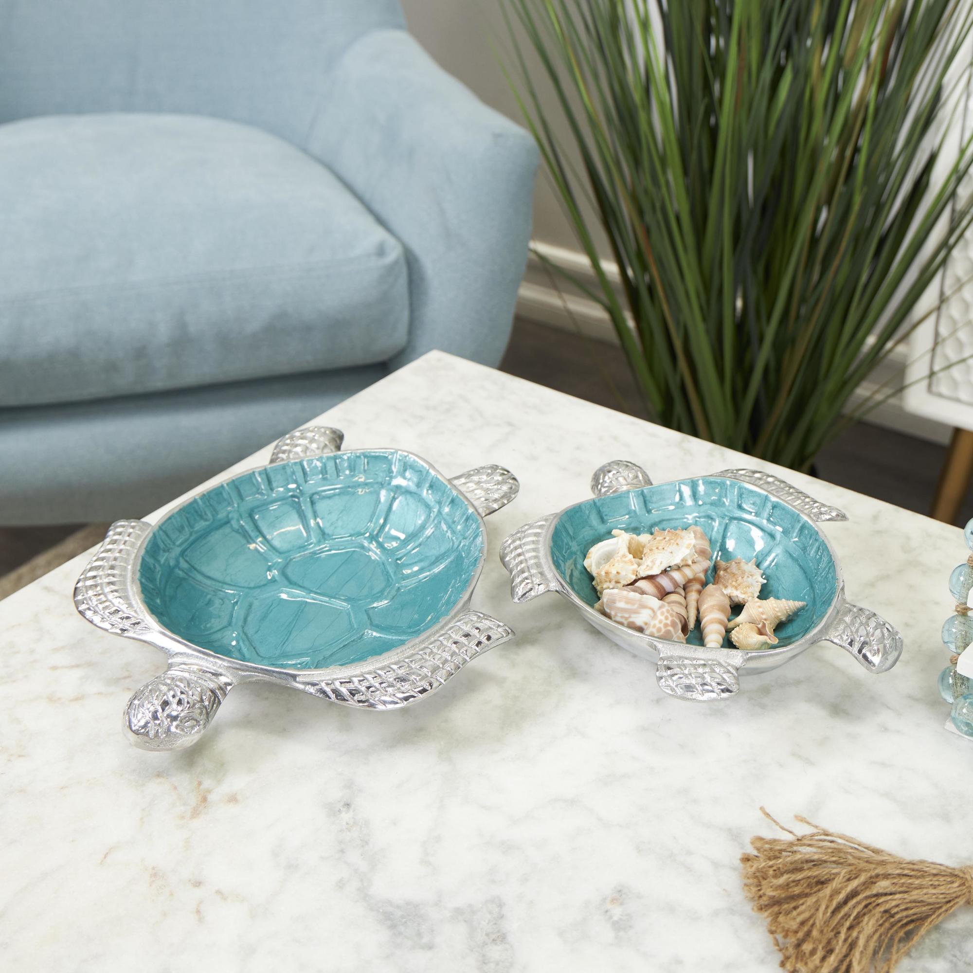 Set of 2 Turtle Aluminum Metal Handmade Enameled Large Decorative Bowl with Silver Metal Exterior