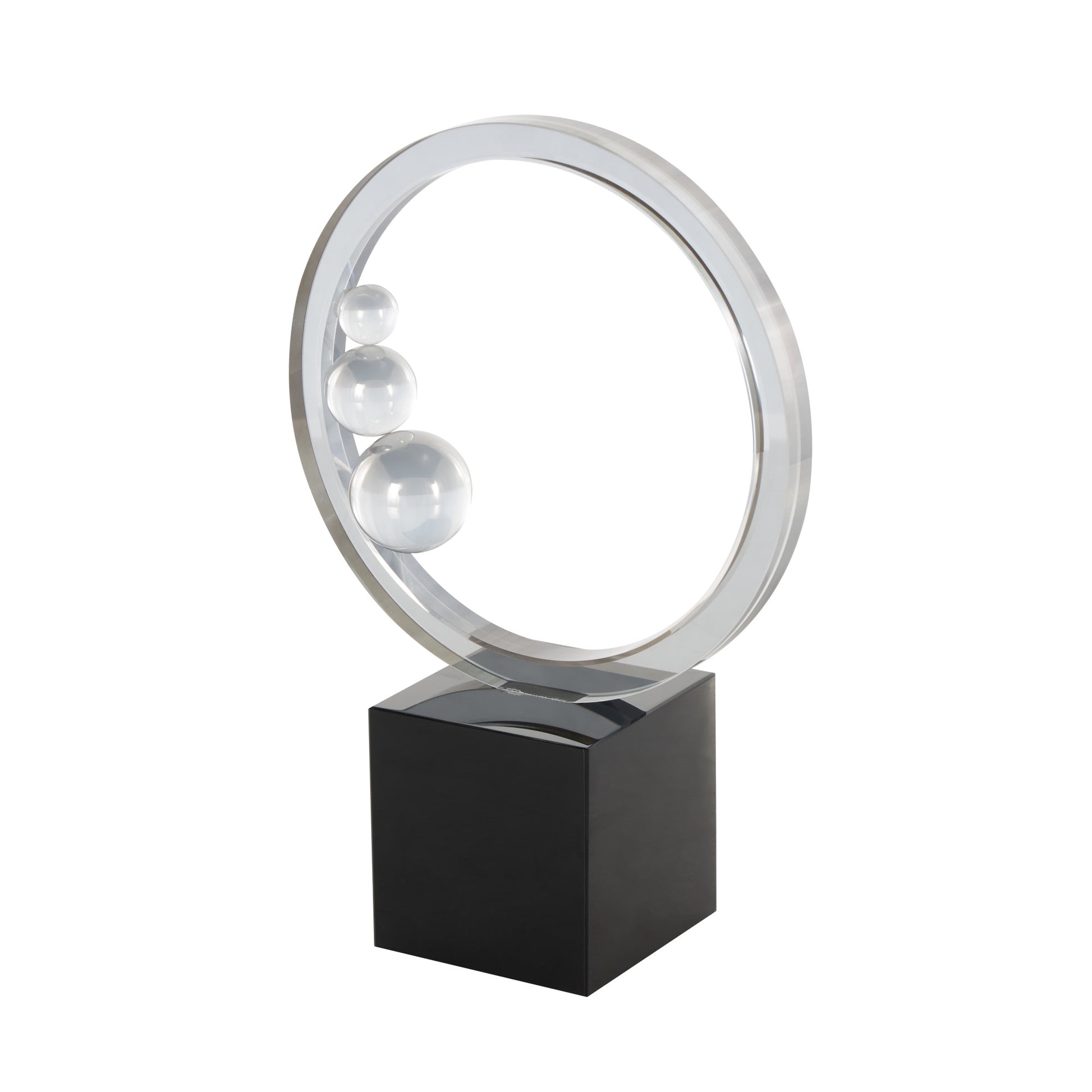 Abstract Clear Glass Ring Decorative Sculpture with Clear Orbs and Black Square Base