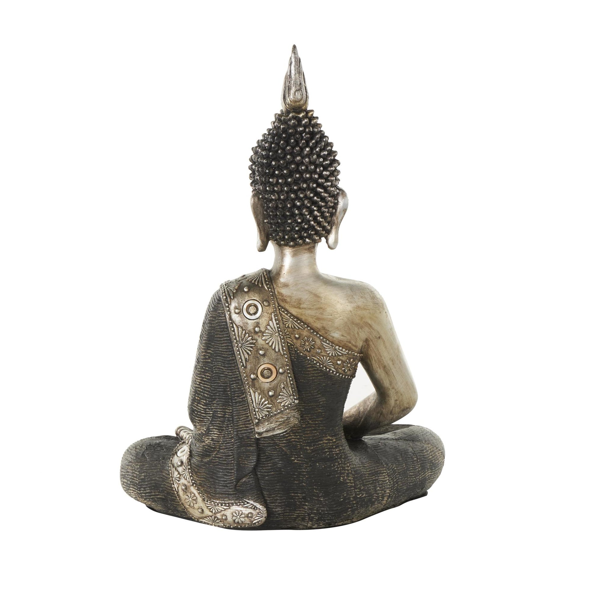 Buddha Brass Polystone Meditating Decorative Sculpture with Engraved Carvings and Relief Detailing