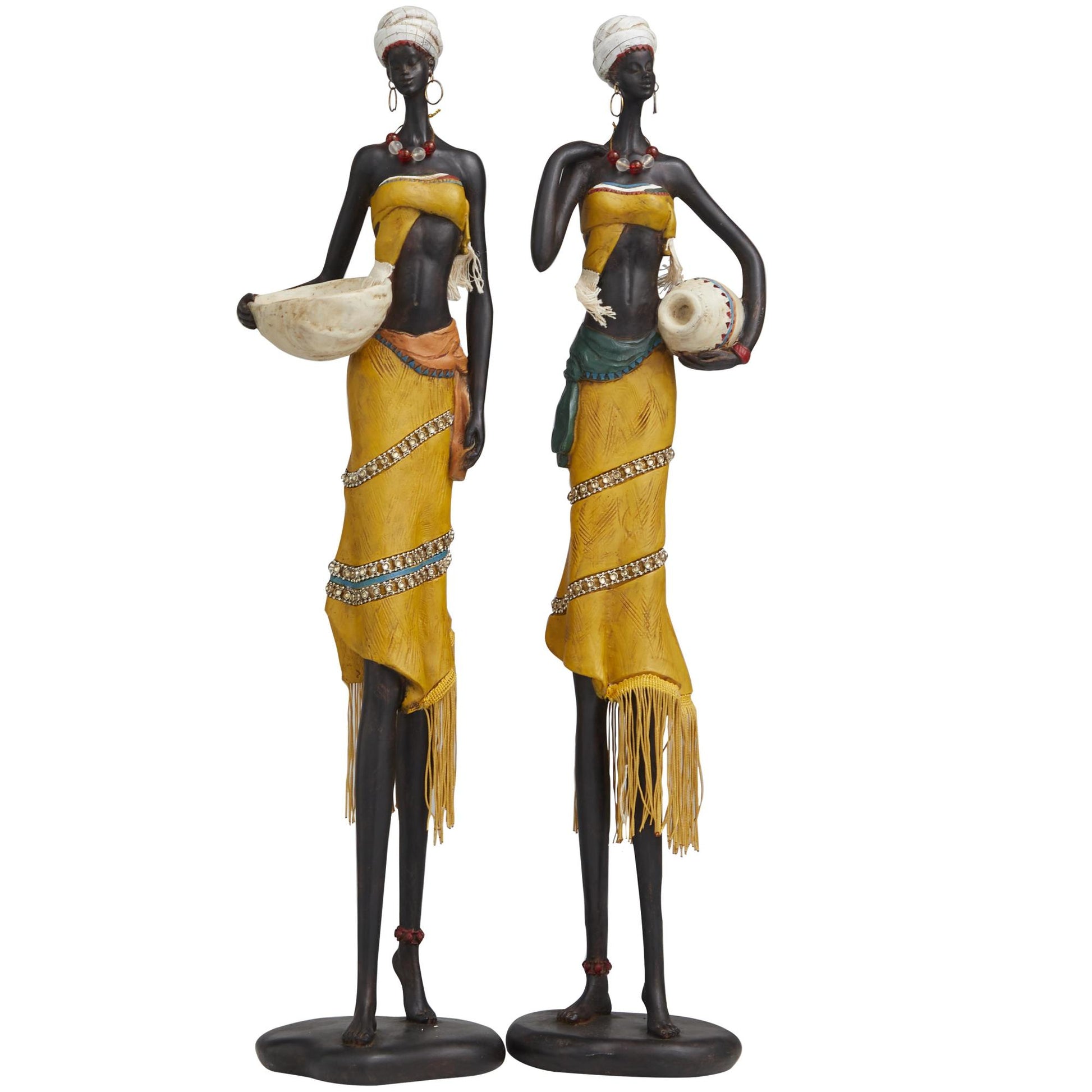 Set of 2 Woman Yellow Polyresin Handmade African Decorative Sculpture with Water Jugs and Jeweled Details