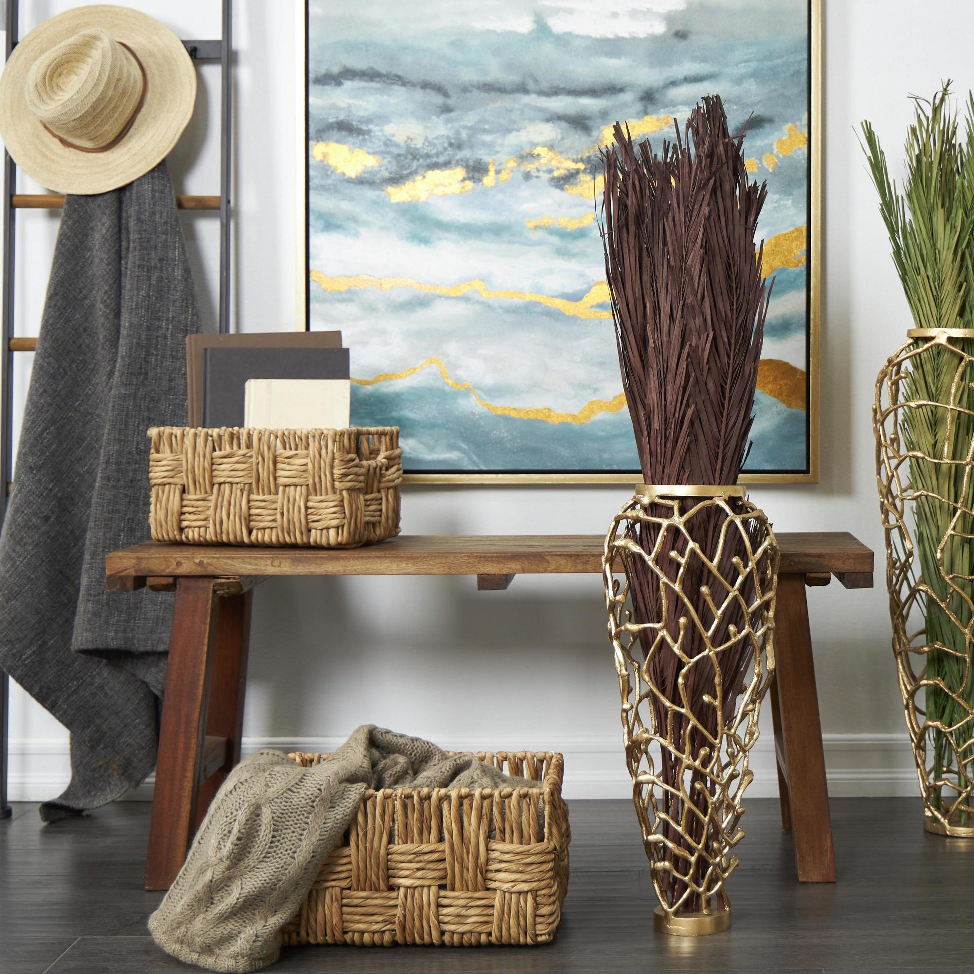 Palm Leaf Dried Plant Tall Home Decor Natural Foliage with Grass and Feather Inspired Stems