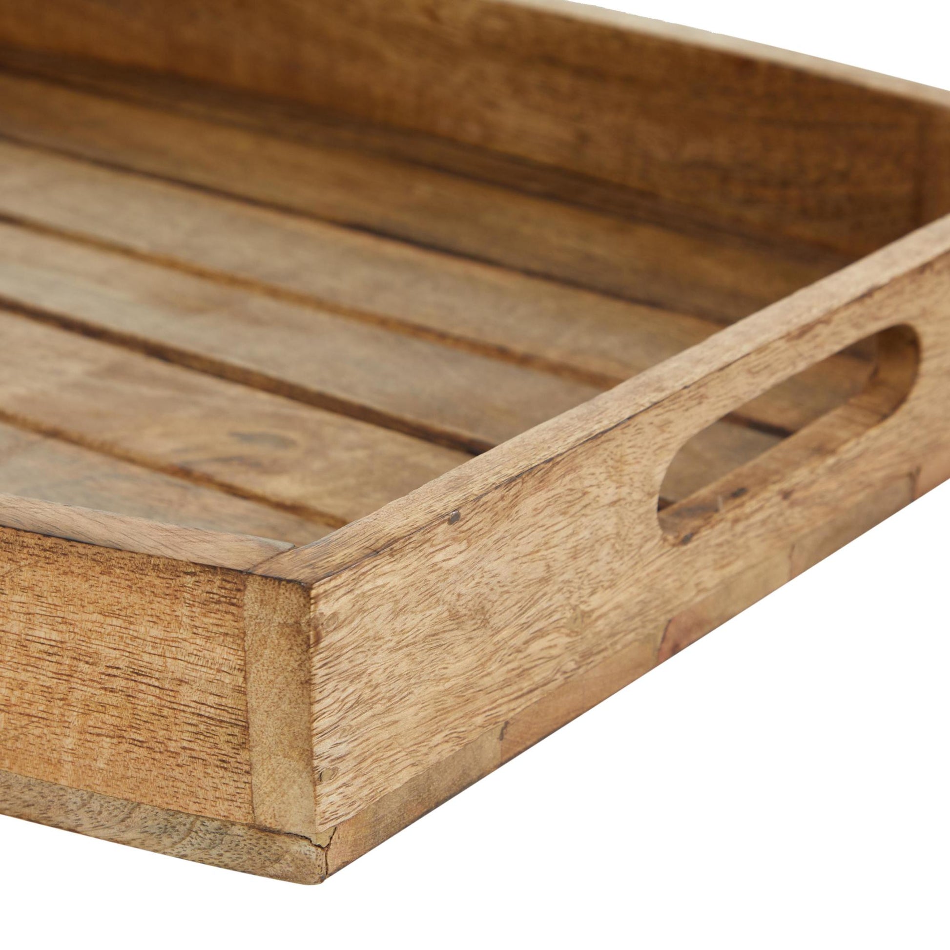 Set of 3 Brown Mango Wood Living Room Decor Tray with Slot Handles
