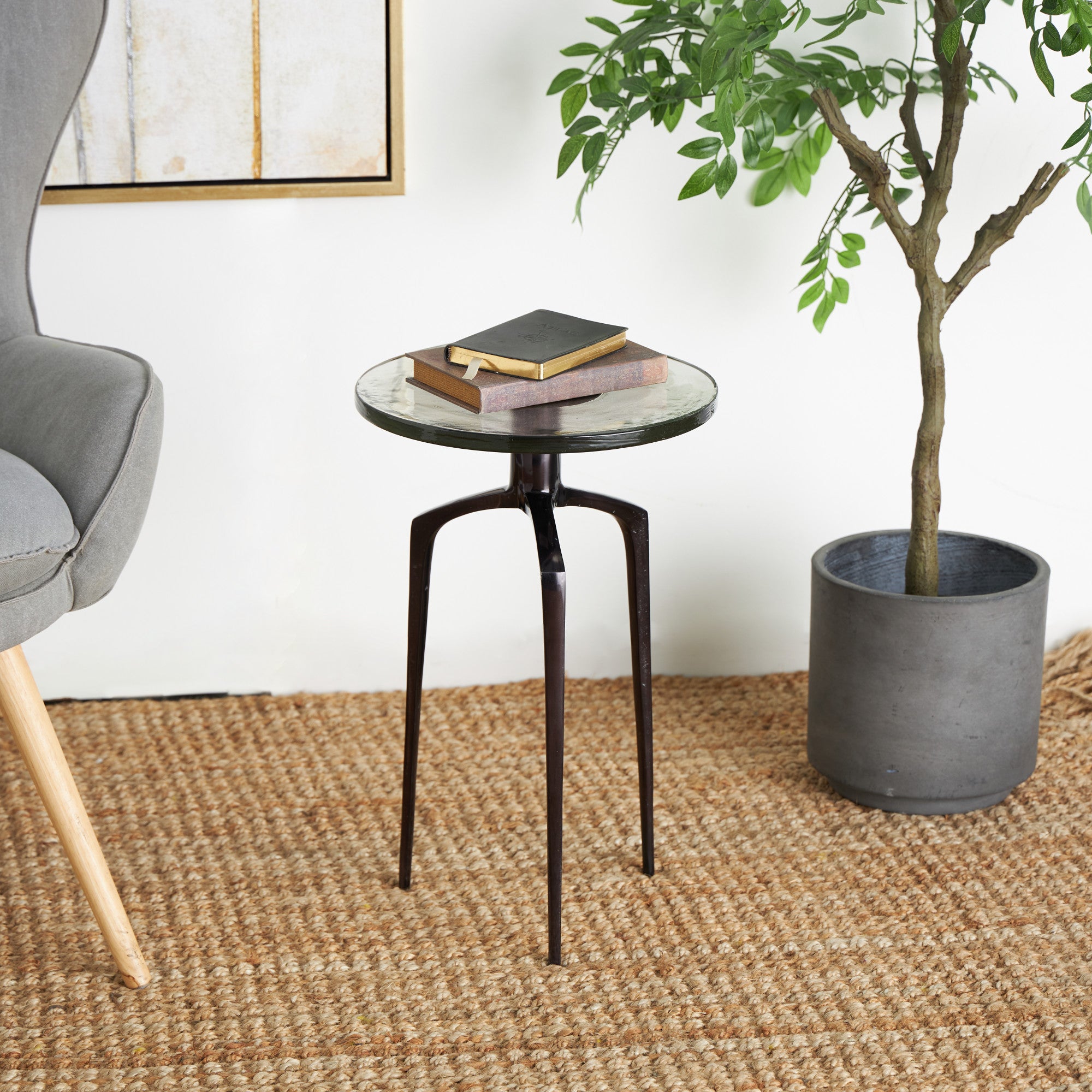 Aluminum Metal Small Tripod Side End Accent Table with Textured Glass Tabletop