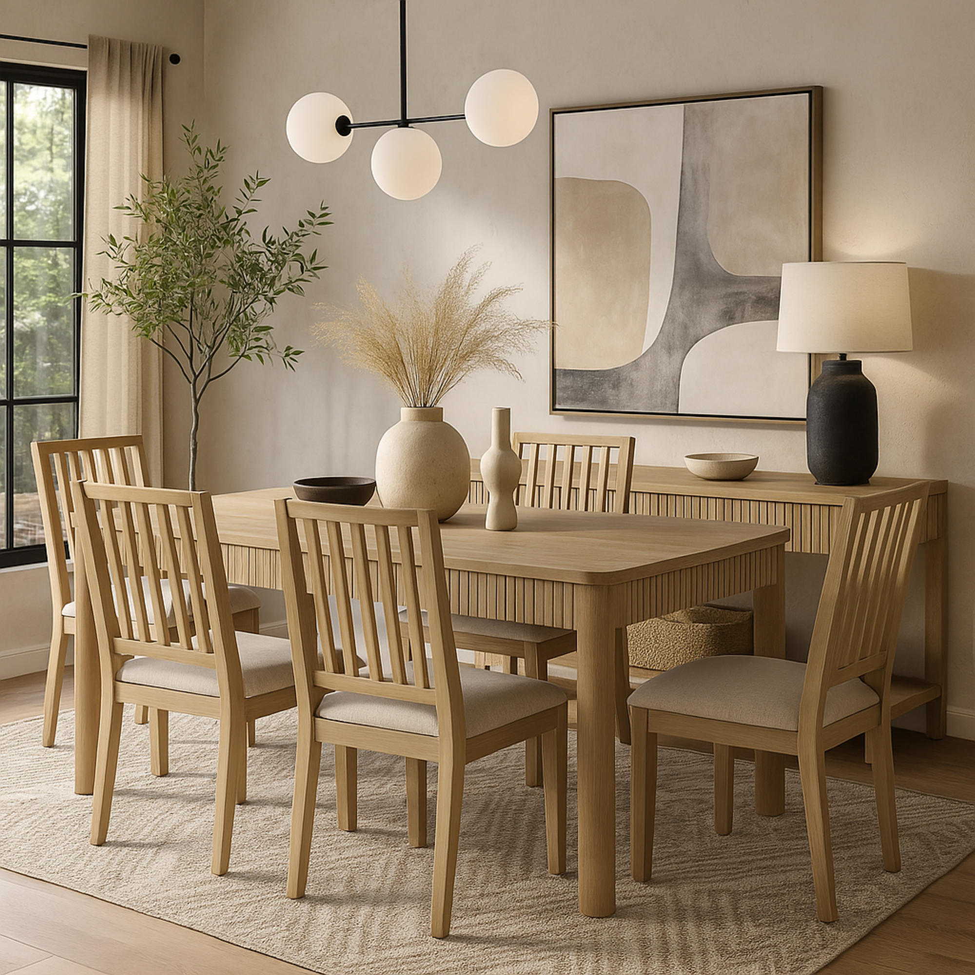 Light Brown Wood Slatted Kitchen Dining Table with Natural Wood Grains and Trapezoid Carved Legs