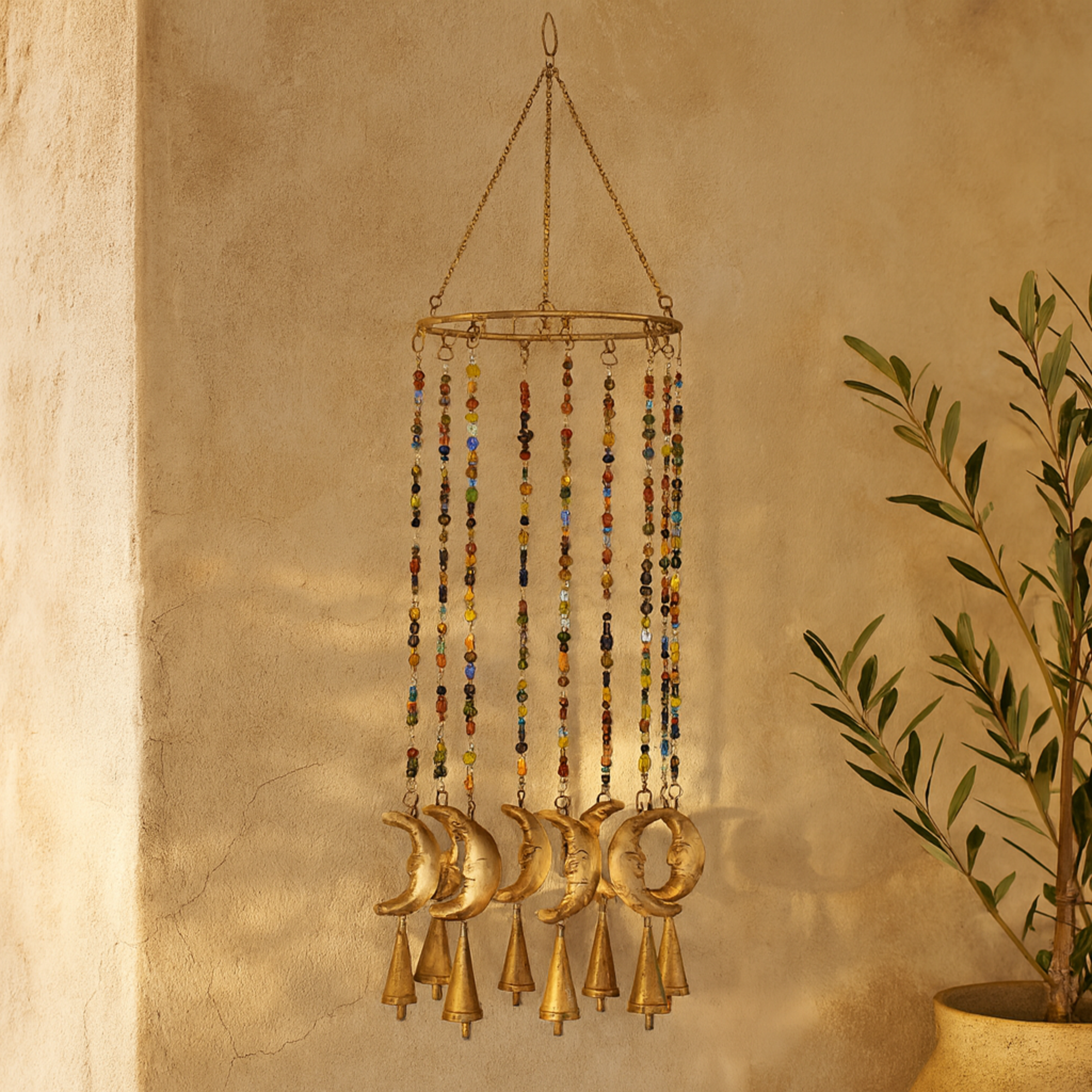 Moon Gold Metal Indoor Outdoor Windchime with Glass Beads and Cone Bells