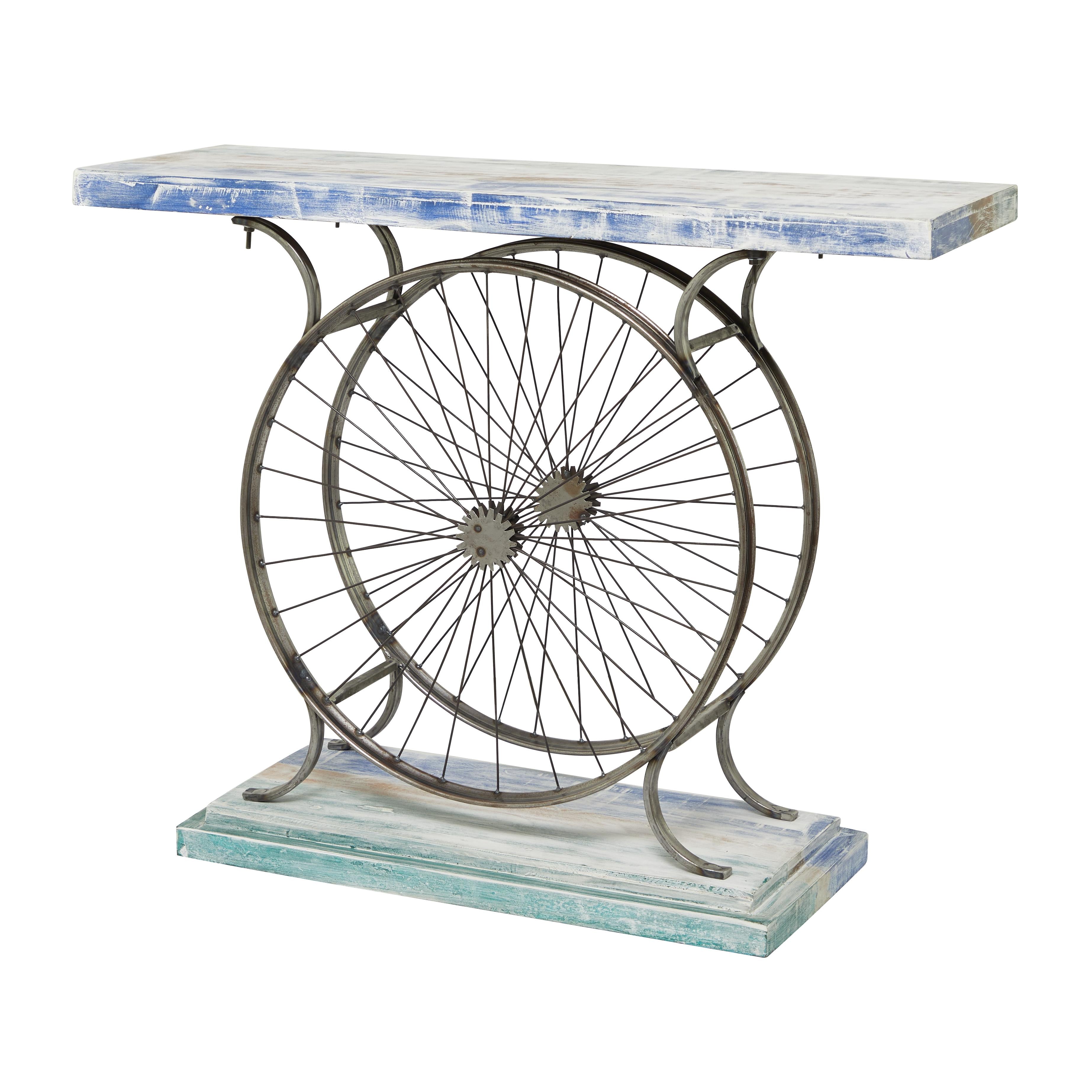 Bike Wood Wide Slatted Top Living Room Console Table with Dual Wheel Frame and Tiered Base