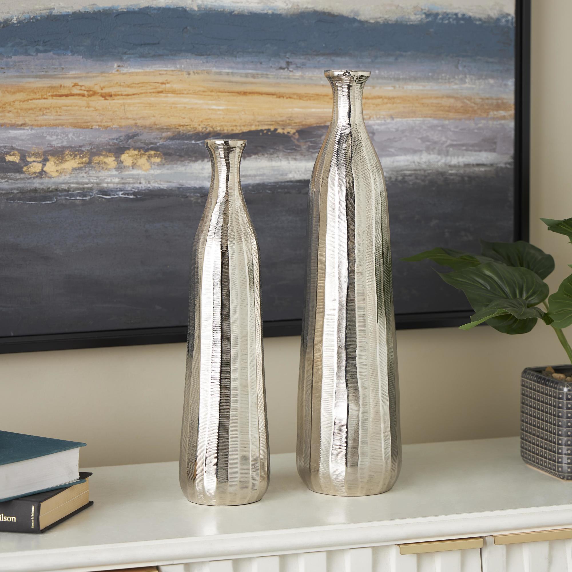 Set of 2 Aluminum Metal Decorative Vase with Wavy Accents and Textured Ridges Set of 2 20"W, 19"H