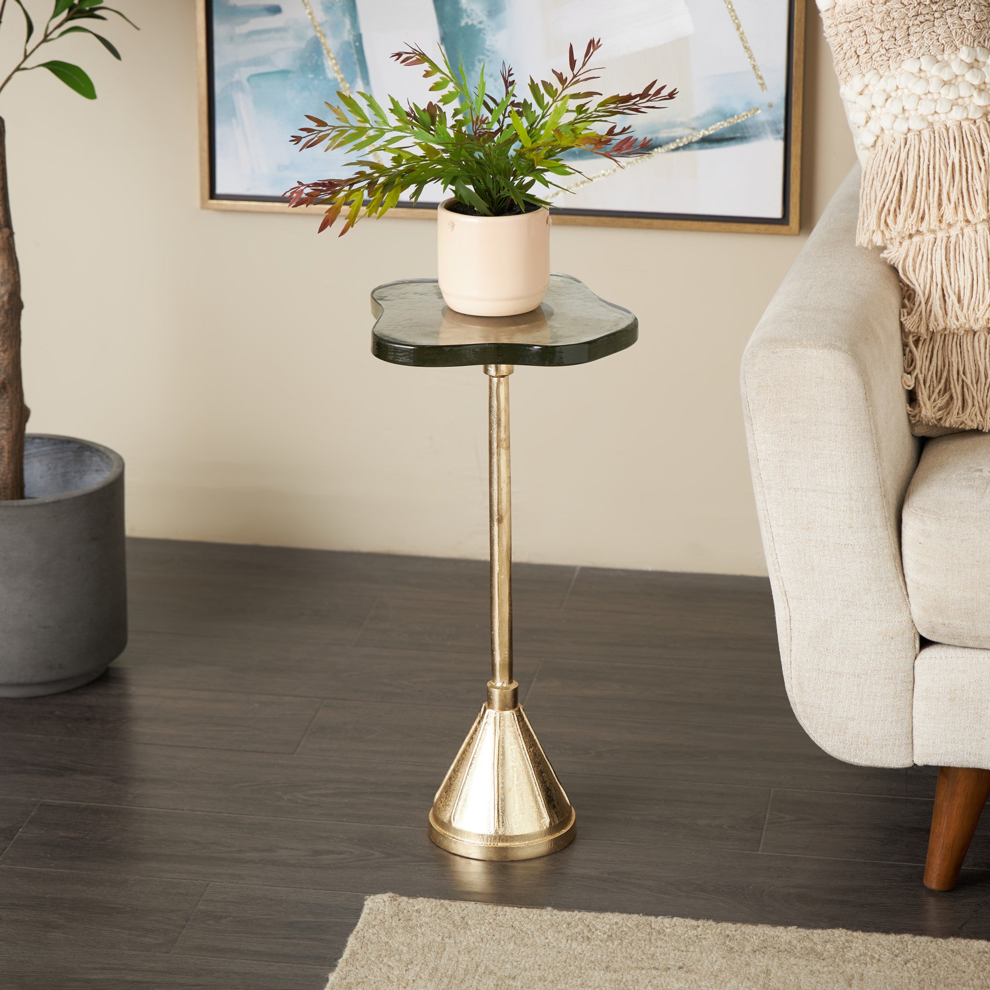 Gold Aluminum Metal Pedestal Side End Accent Table with Textured Glass Tabletop