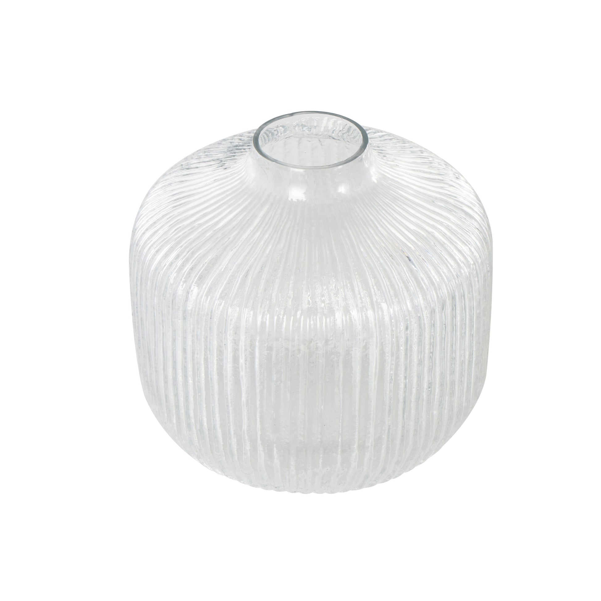 Clear Glass Short Round Ribbed Fluted Decorative Vase