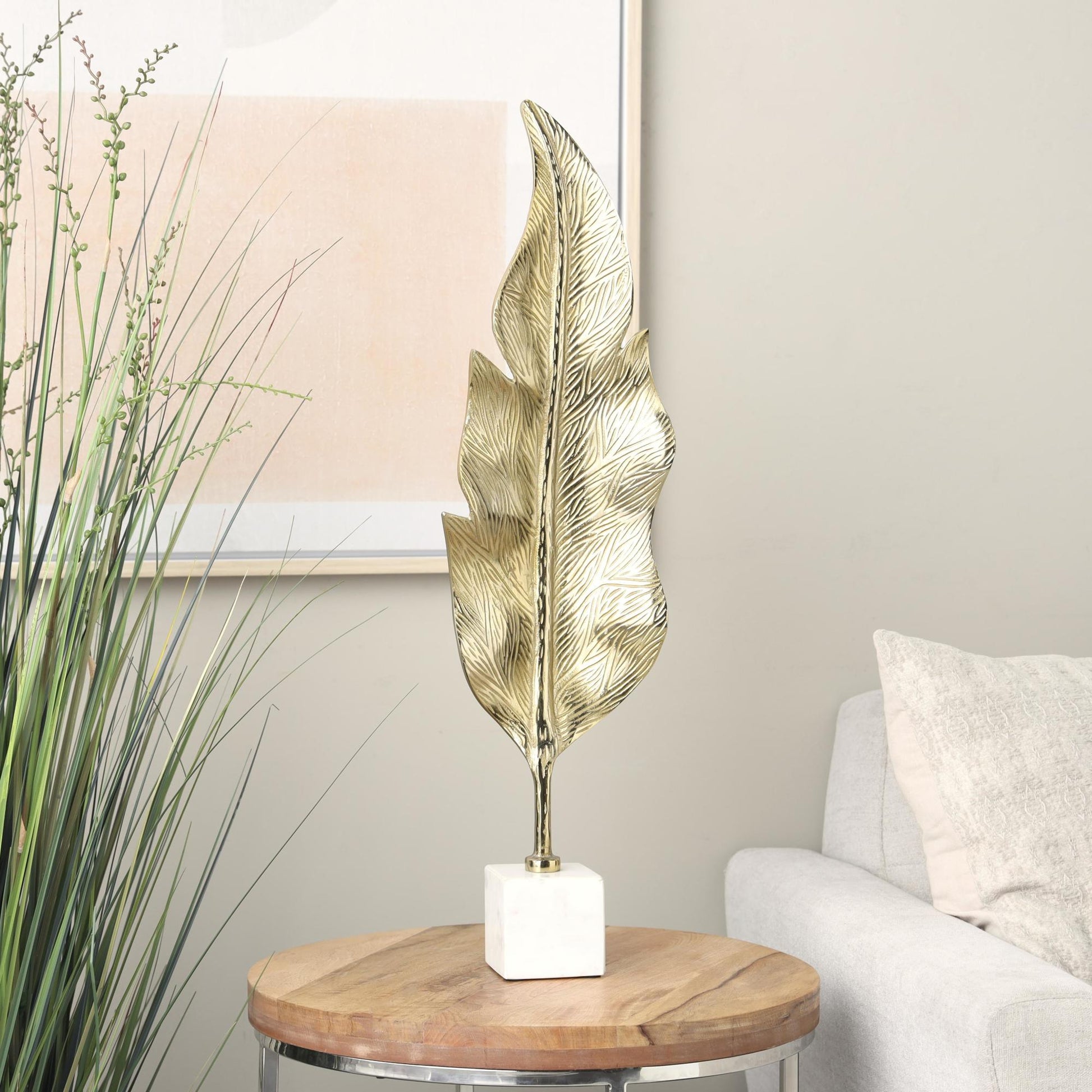 Leaf Gold Aluminum Metal Tall Textured Decorative Sculpture with White Marble Base