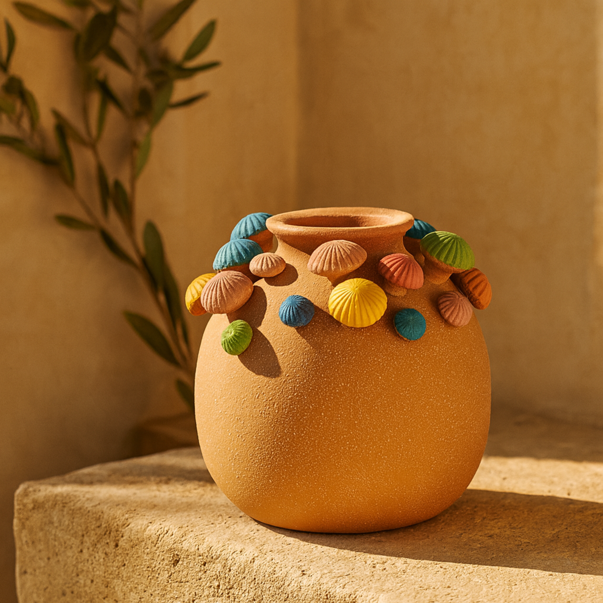 Mushroom Brown Ceramic Round Wide Decorative Vase with Multicolor Accents and White Speckles