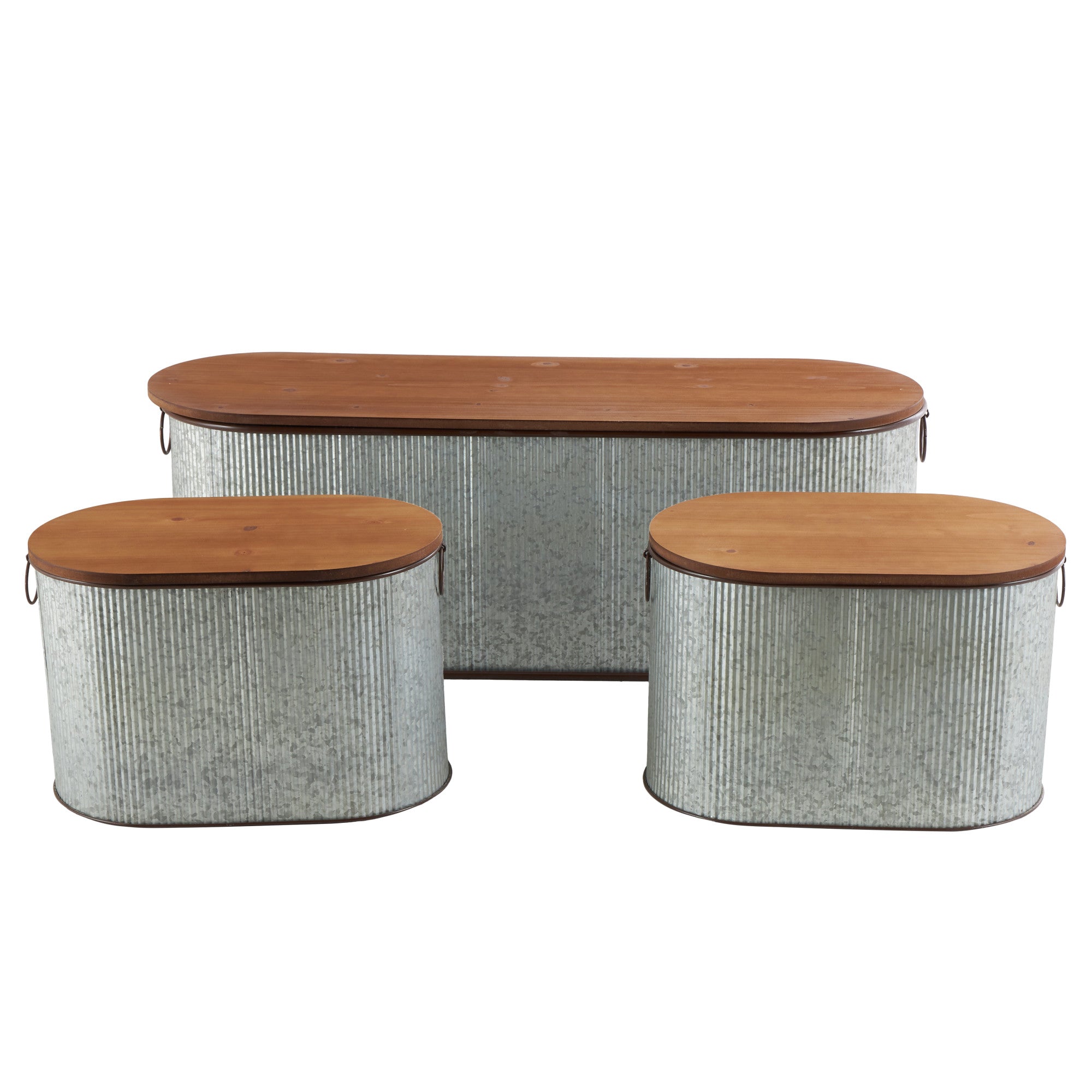 Set of 3 Silver Metal Room Storage Bench with Brown Wood Top