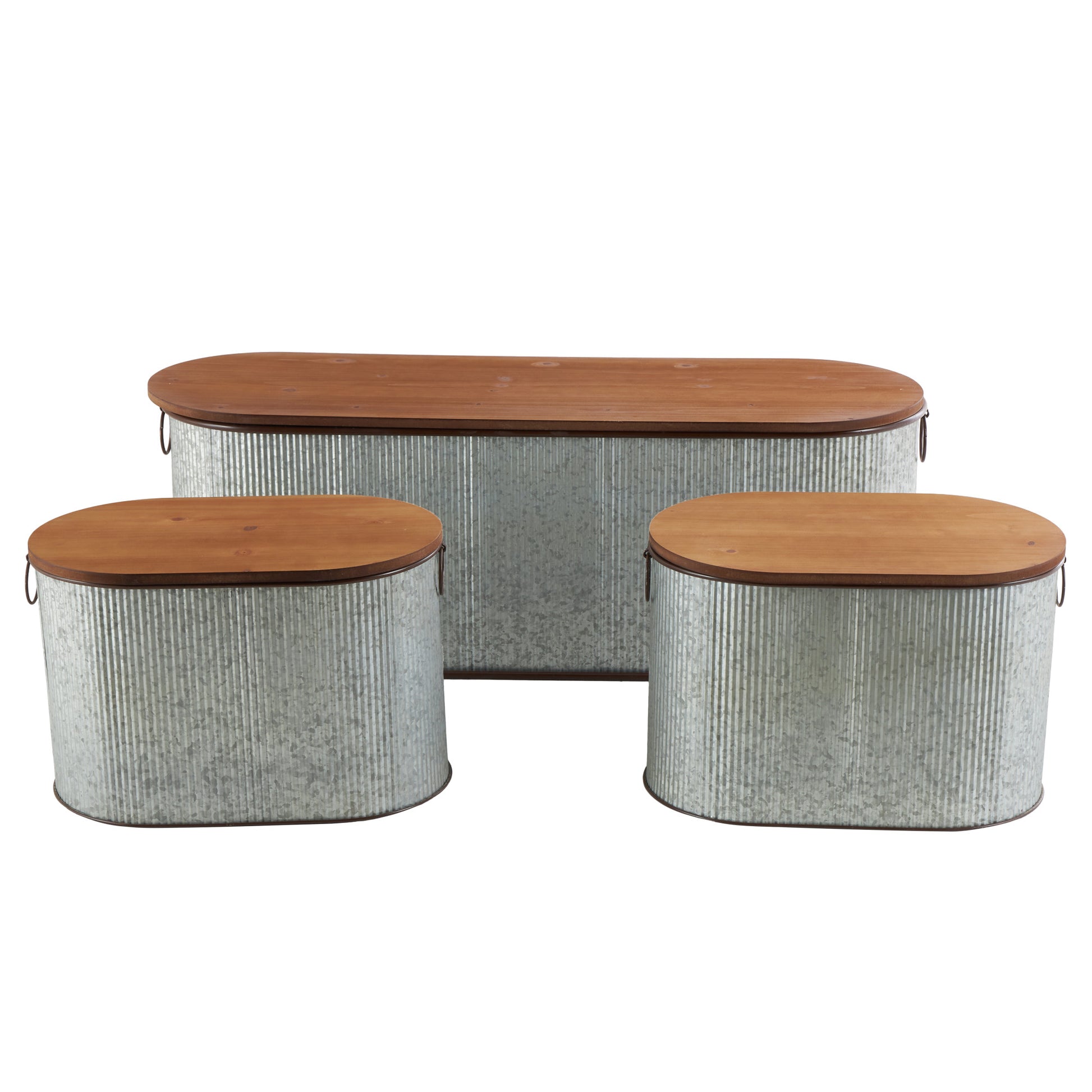 Set of 3 Silver Metal Room Storage Bench with Brown Wood Top