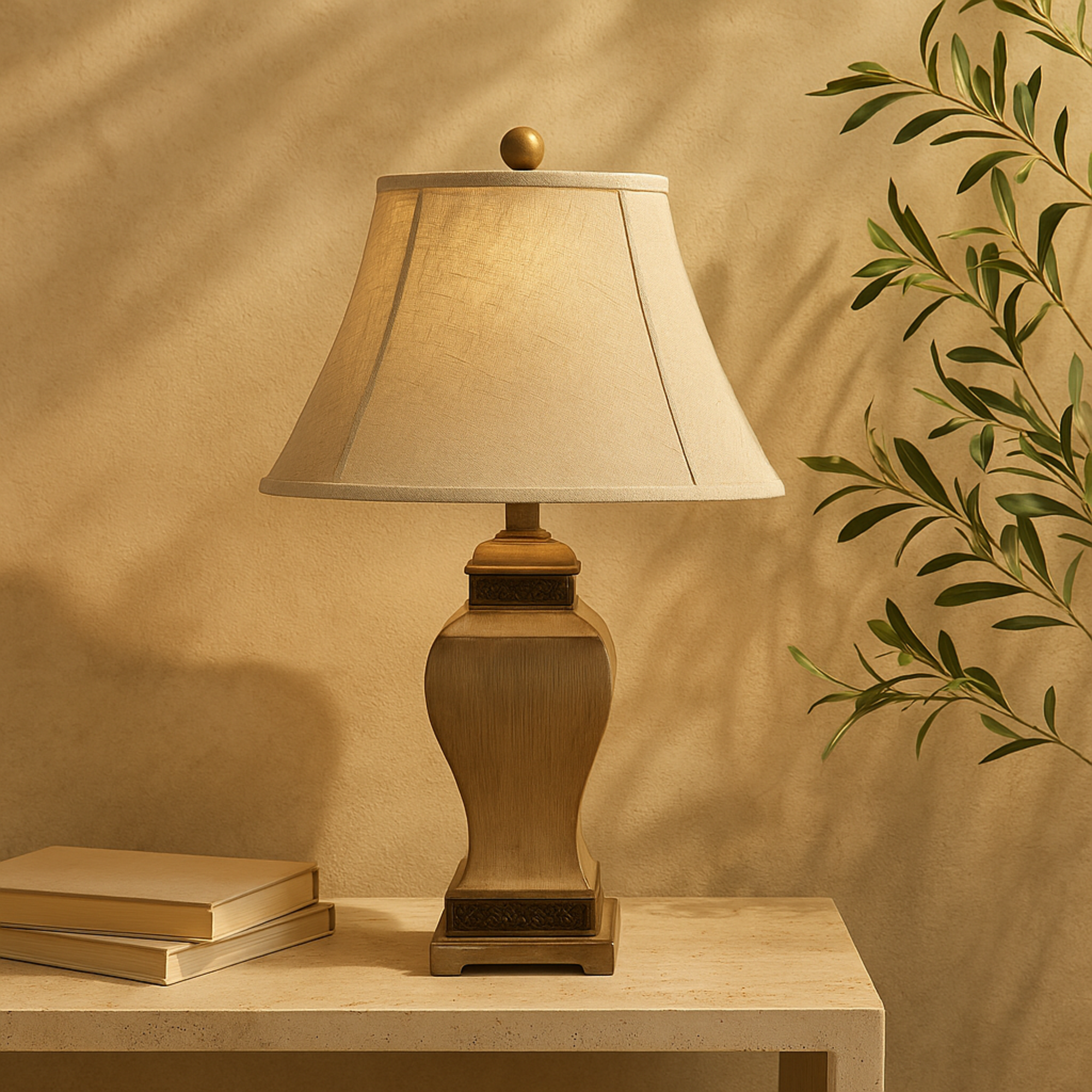 Set of 2 Scroll Brown Polystone Carved Room Table Lamp with Black Accents and Tapered Shade