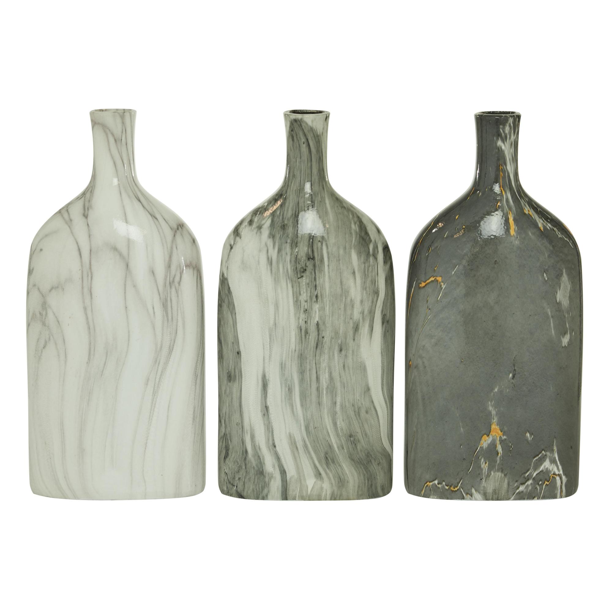 Set of 3 Gray Ceramic Faux Marble Decorative Vase