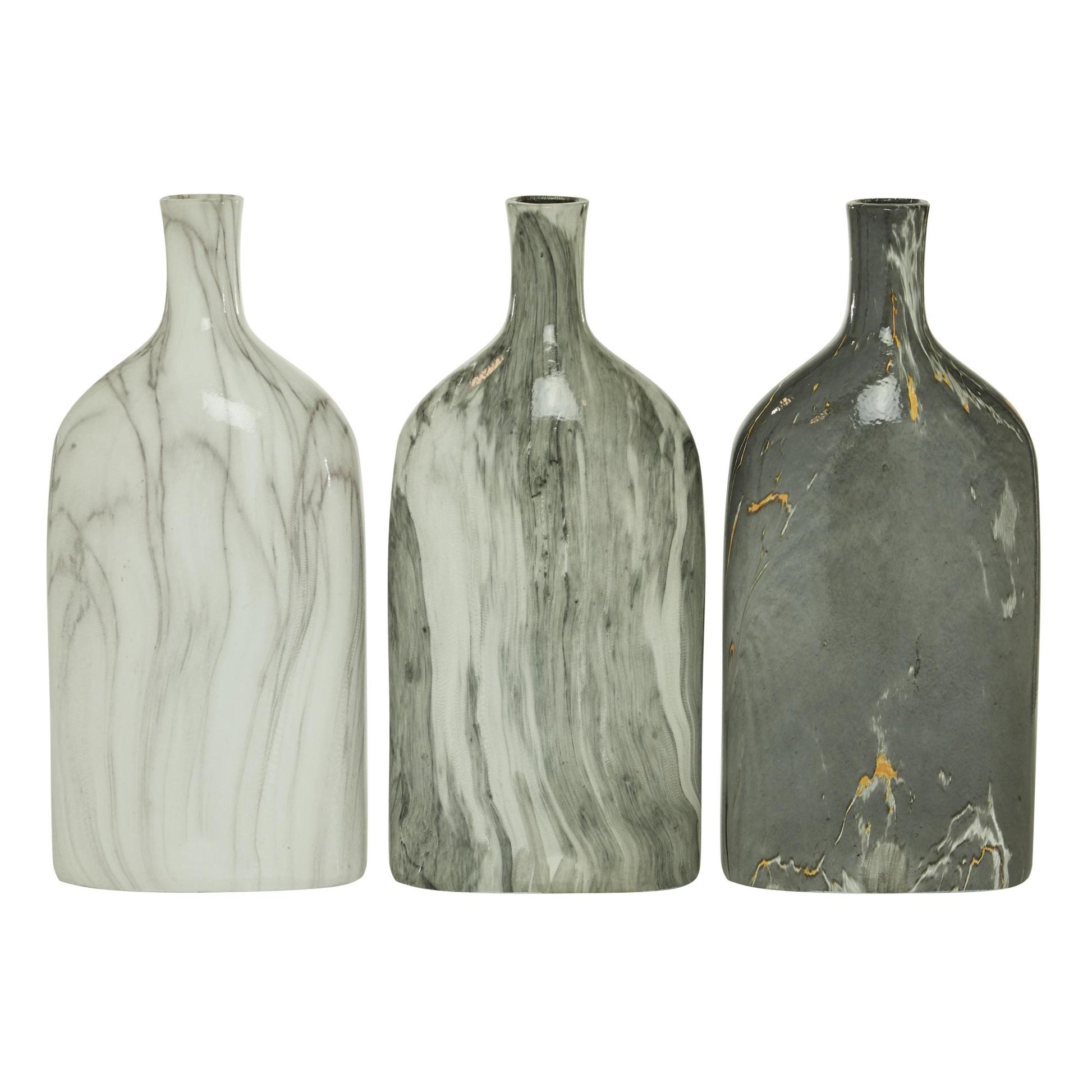 Set of 3 Gray Ceramic Faux Marble Decorative Vase