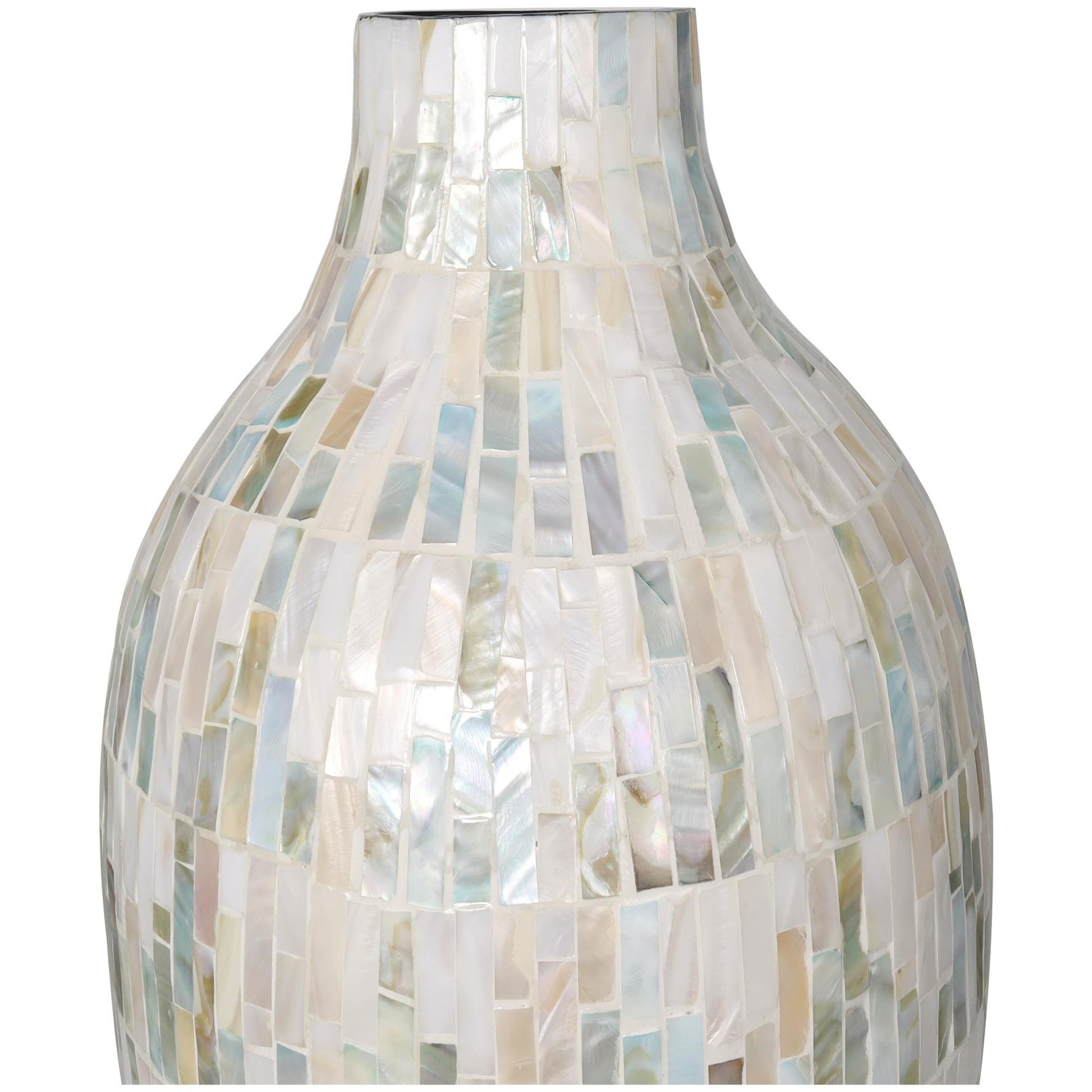 White Mother of Pearl Shell Handmade Mosaic Inspired Decorative Vase with Pastel Blue and Pink Accents