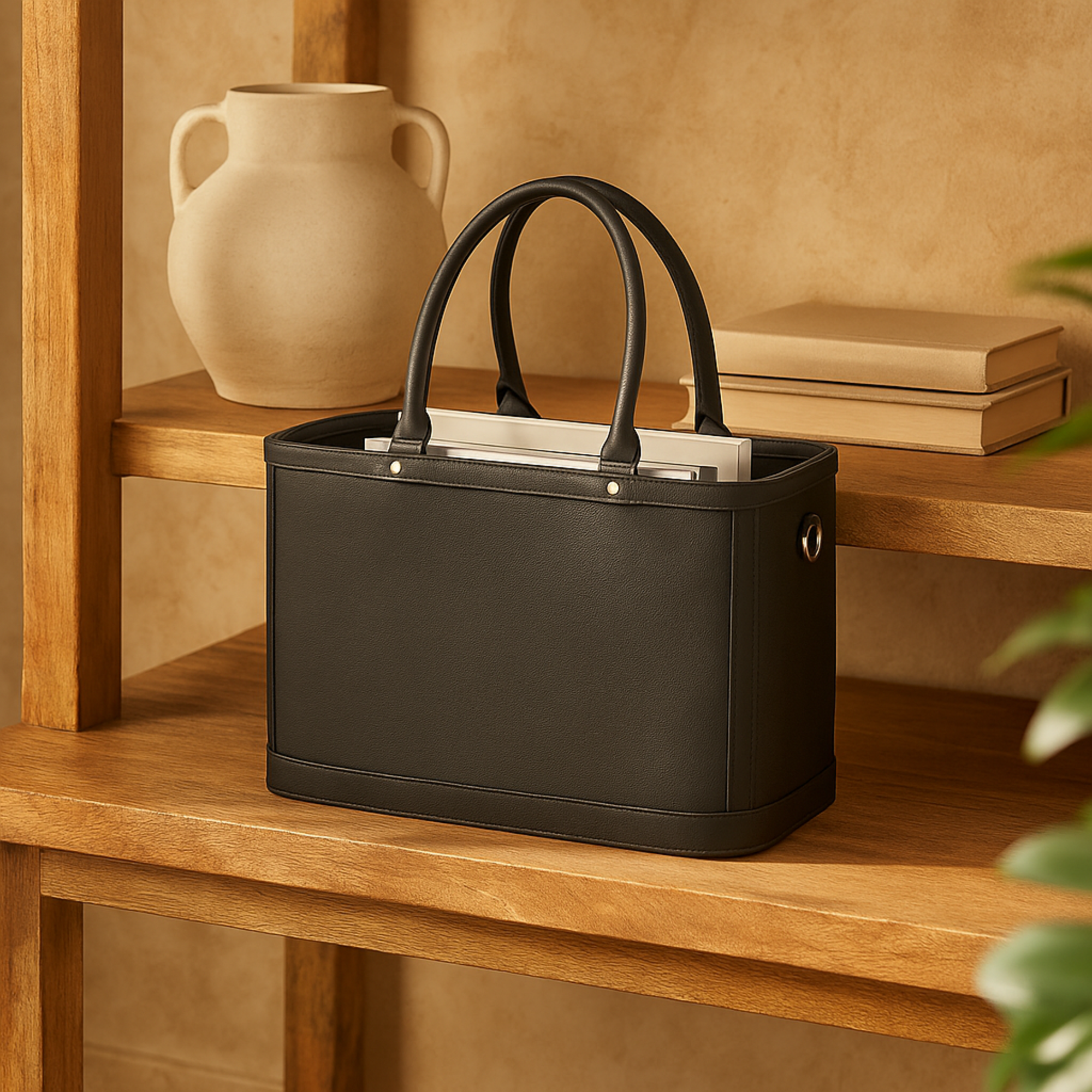 Black Leather Handmade Box Style Single Slot Decorative Magazine Holder with Arched Handles