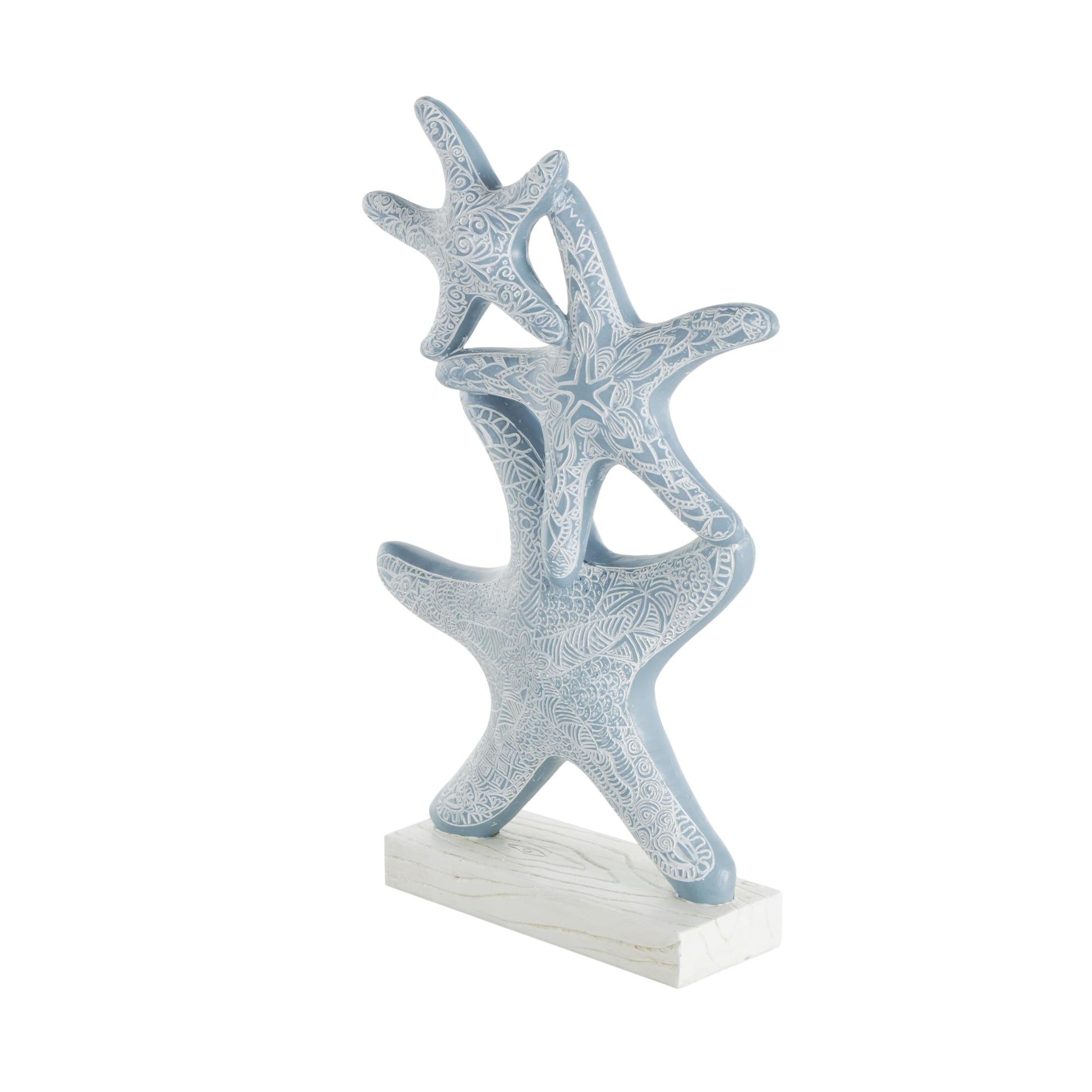 Starfish Blue Polystone Stacked Decorative Sculpture with Engraved Floral and Scroll Patterns