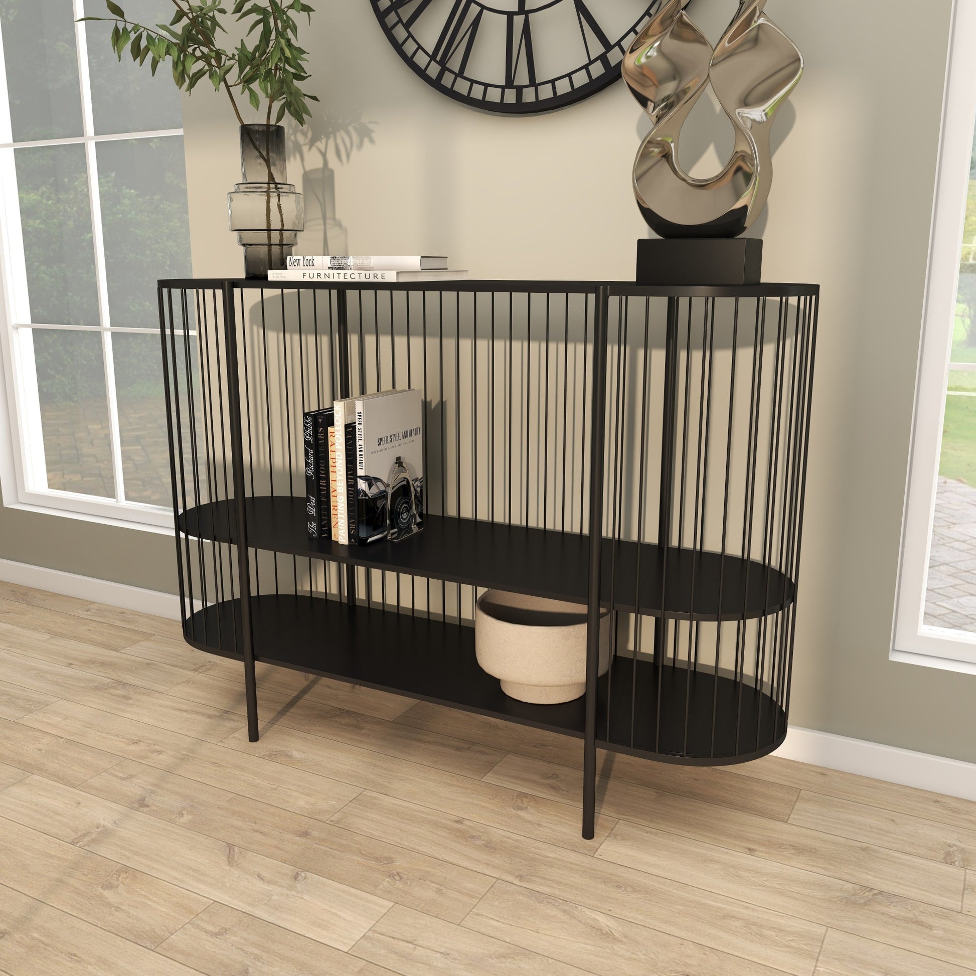 Black Metal Narrow Oval 2 Shelf Living Room Console Table with Open Wire Frame