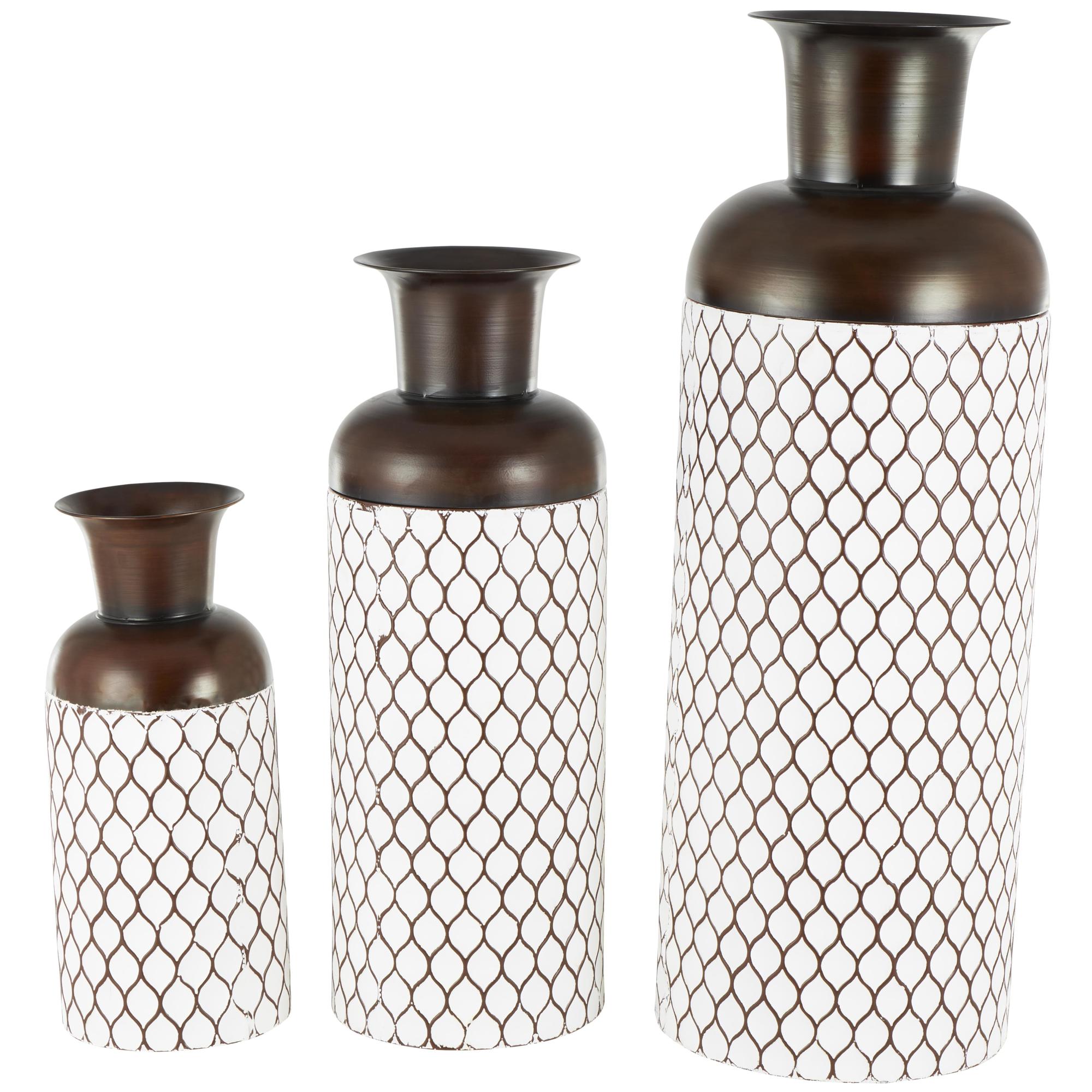 Set of 3 White Metal Tall Teardrop Shaped Decorative Vase with Brown Trumpet Tops