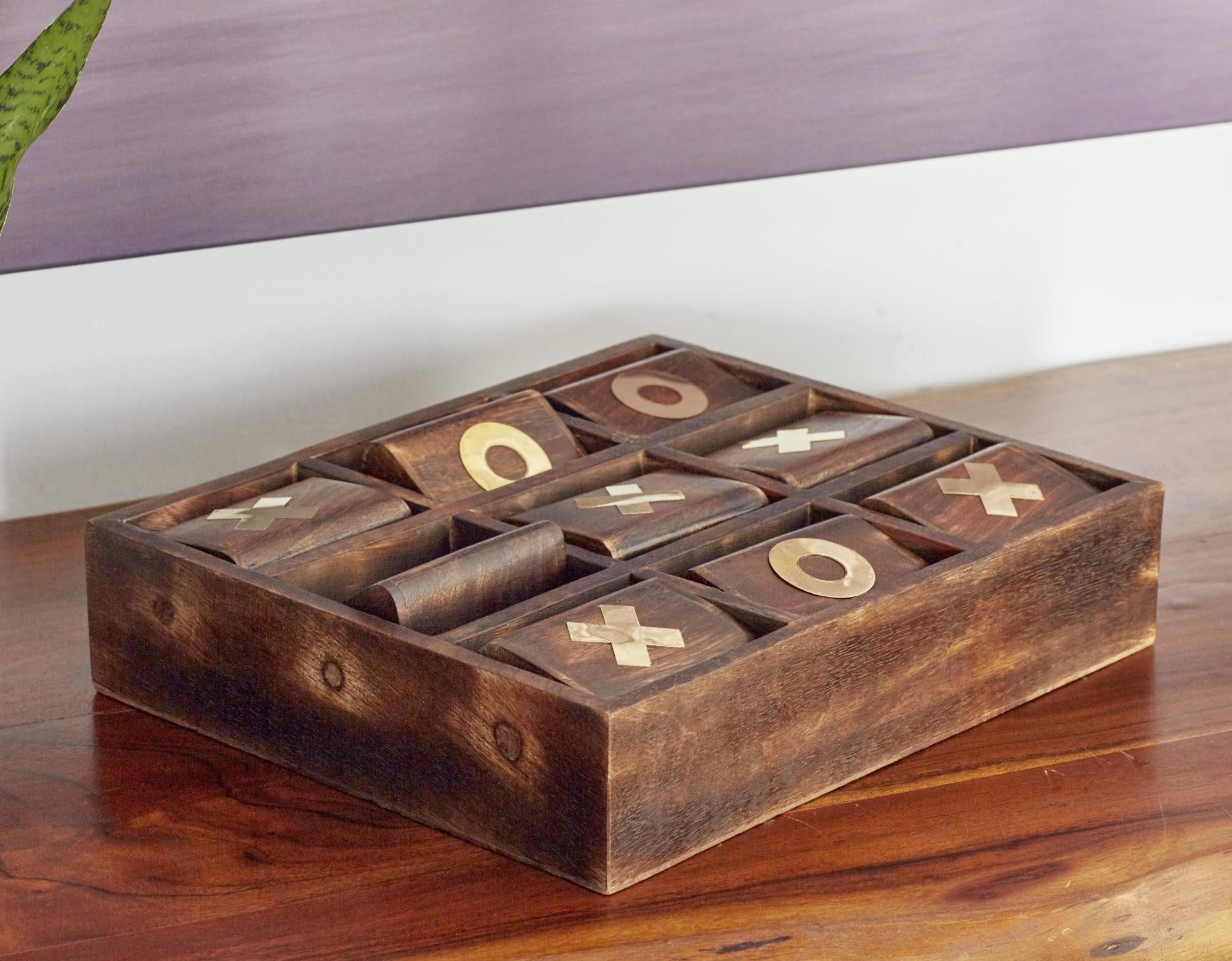 Tic Tac Toe Dark Brown Mango Wood Home Decor Game Set with Gold Inlay
