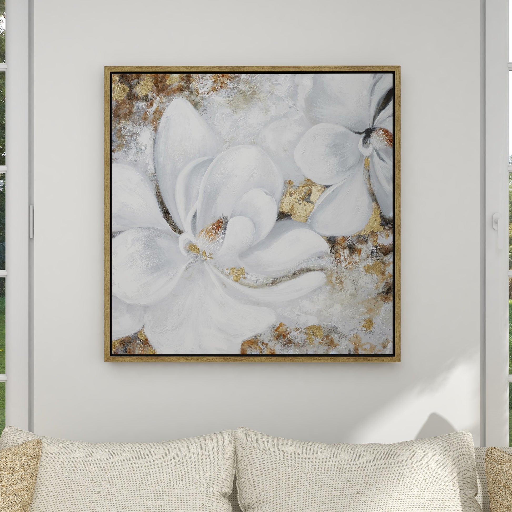 Floral White Canvas Handmade Living Room Framed Wall Art with Gold Frame