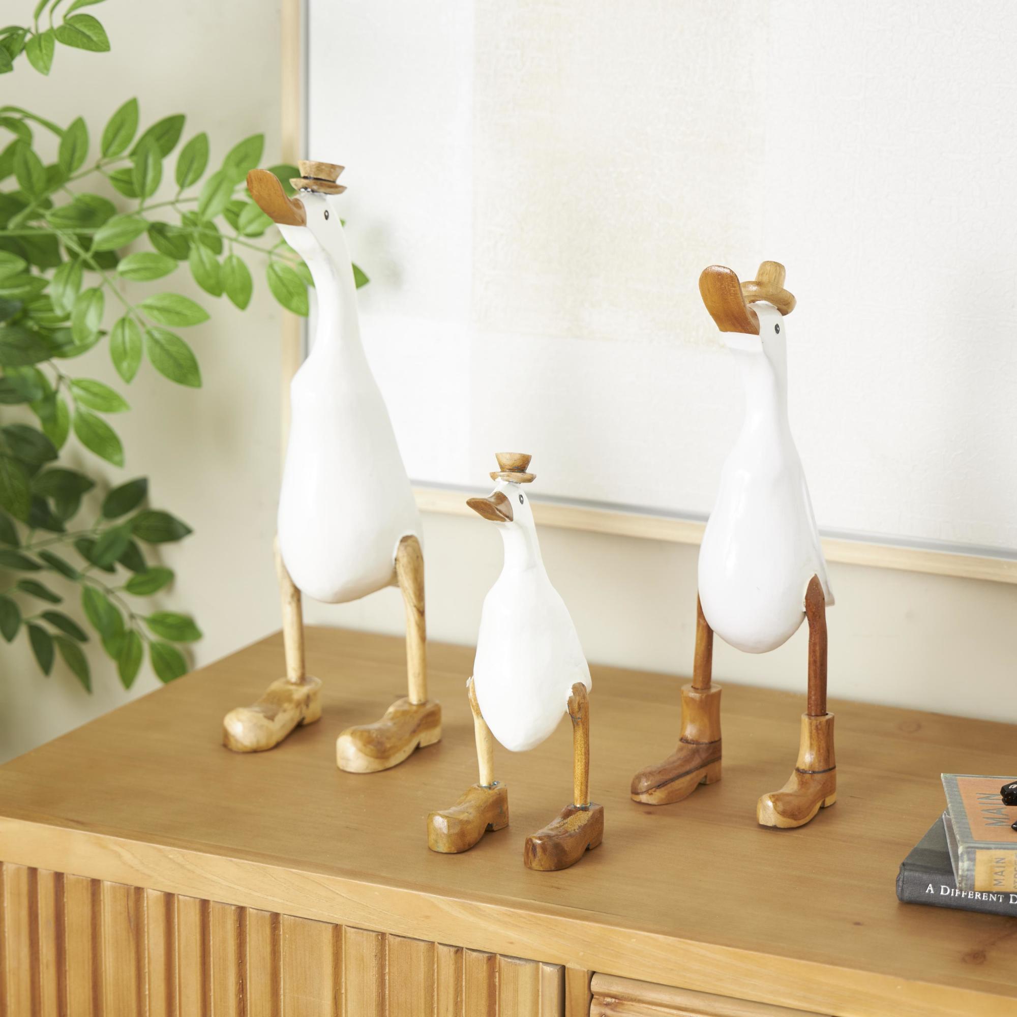 Set of 3 Duck White Bamboo Wood Decorative Sculpture with Brown Top Hats and Shoes