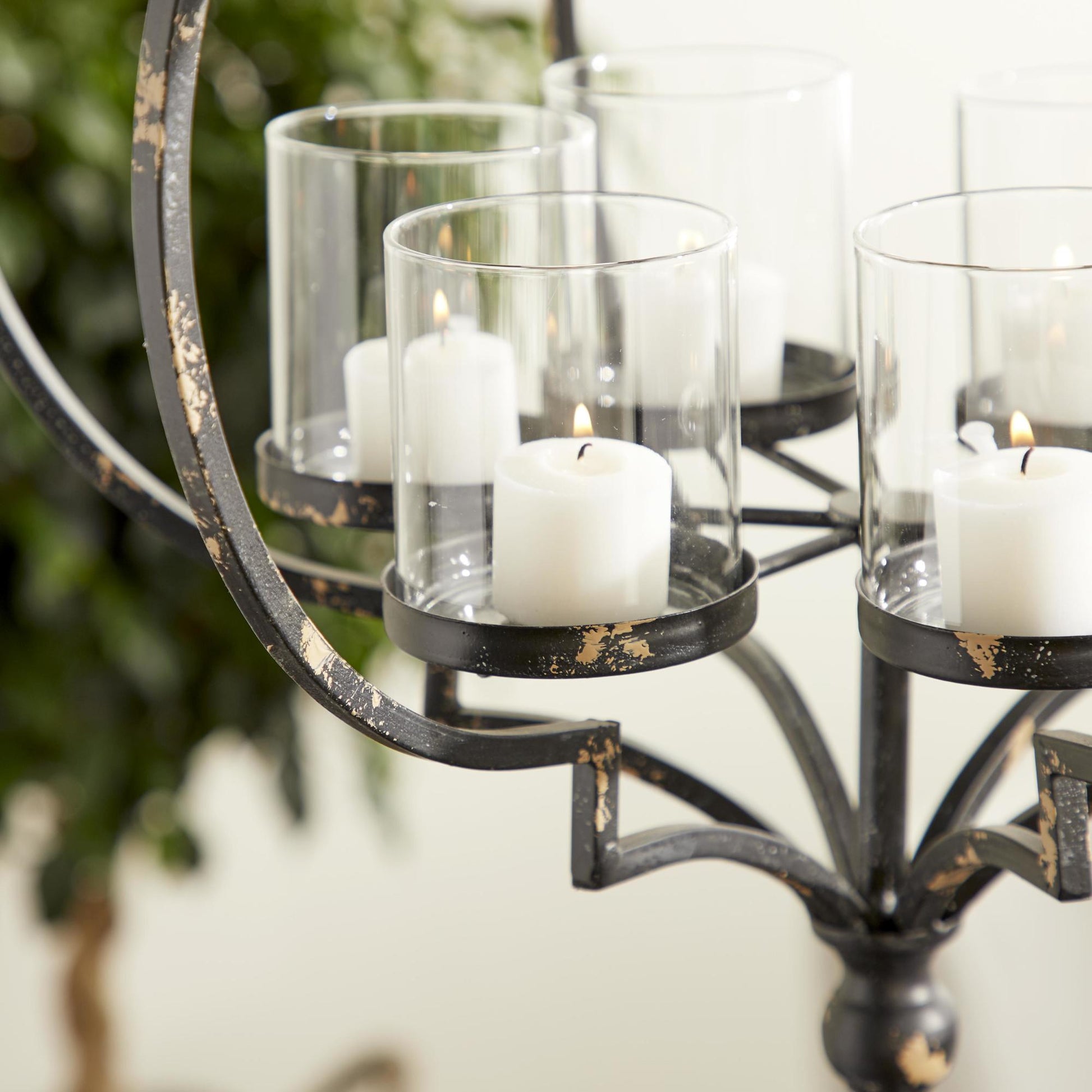 Black Metal Open Caged Hanging 6 Slot Decorative Candelabra with Distressing and Hook