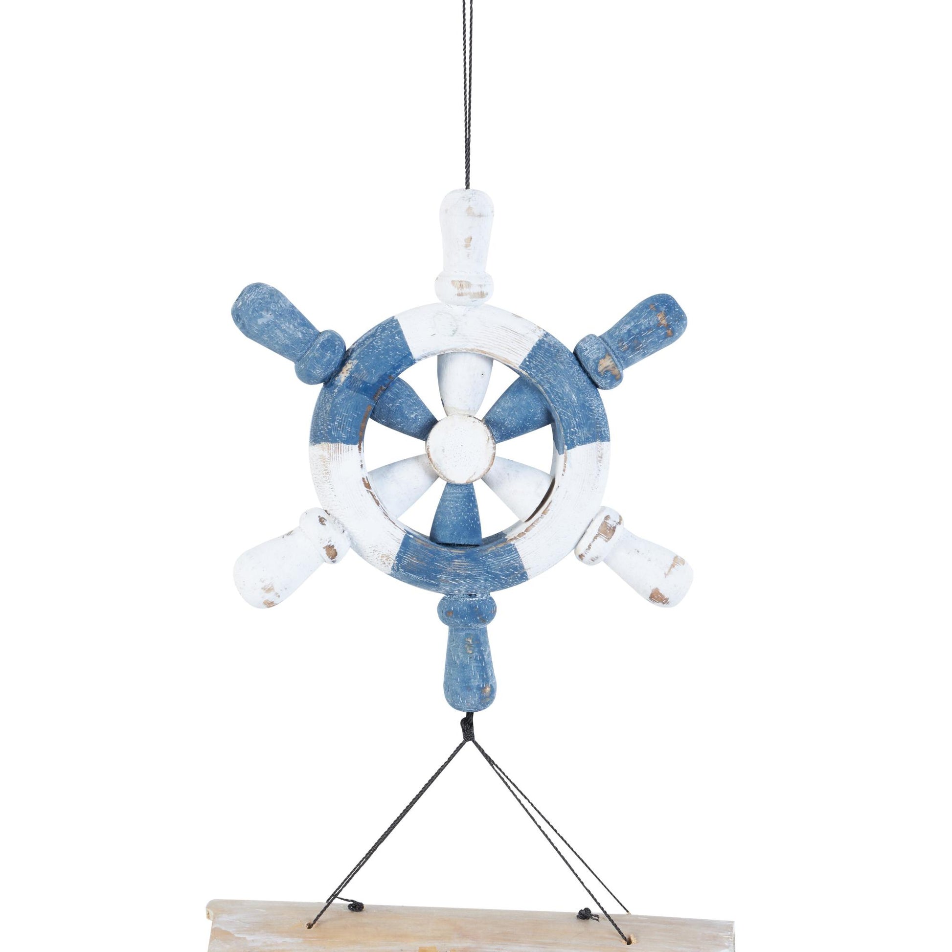 Ship Wheel Blue Bamboo Wood Handmade Indoor Outdoor Windchime with Log Chimes